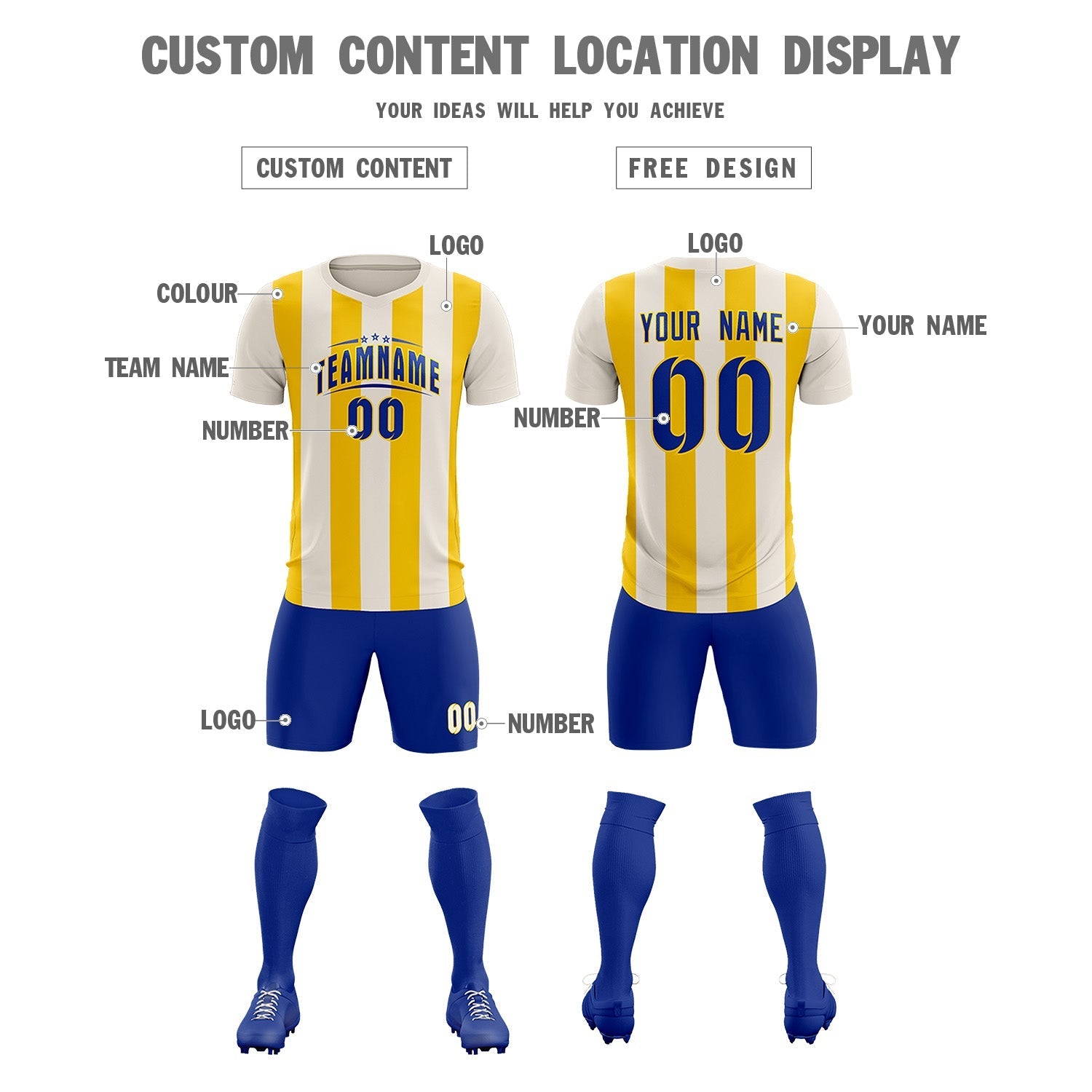 Custom Cream Gold Vertical Stripes Casual Outdoor Soccer Sets Jersey