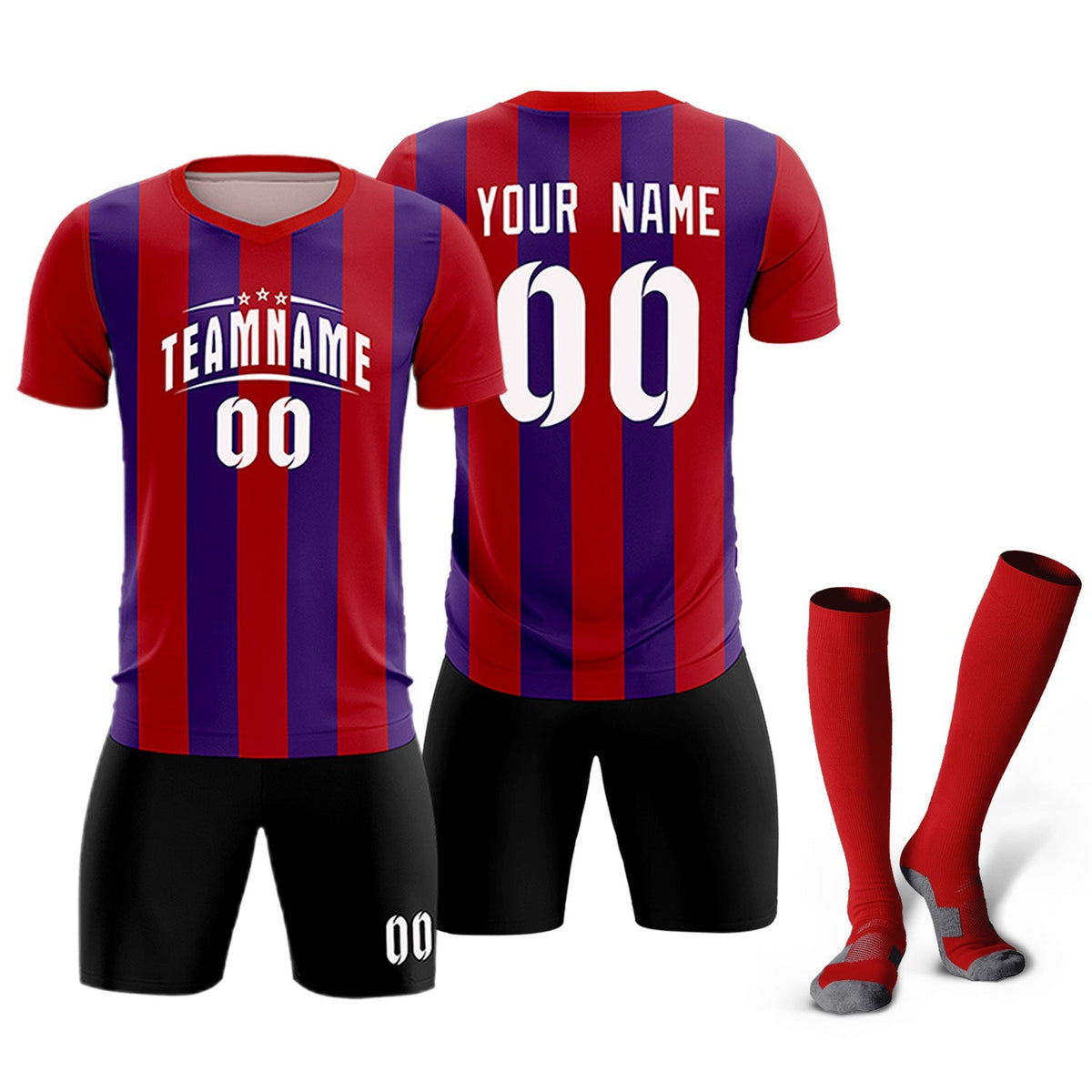 Custom Red Purple Vertical Stripes Casual Outdoor Soccer Sets Jersey