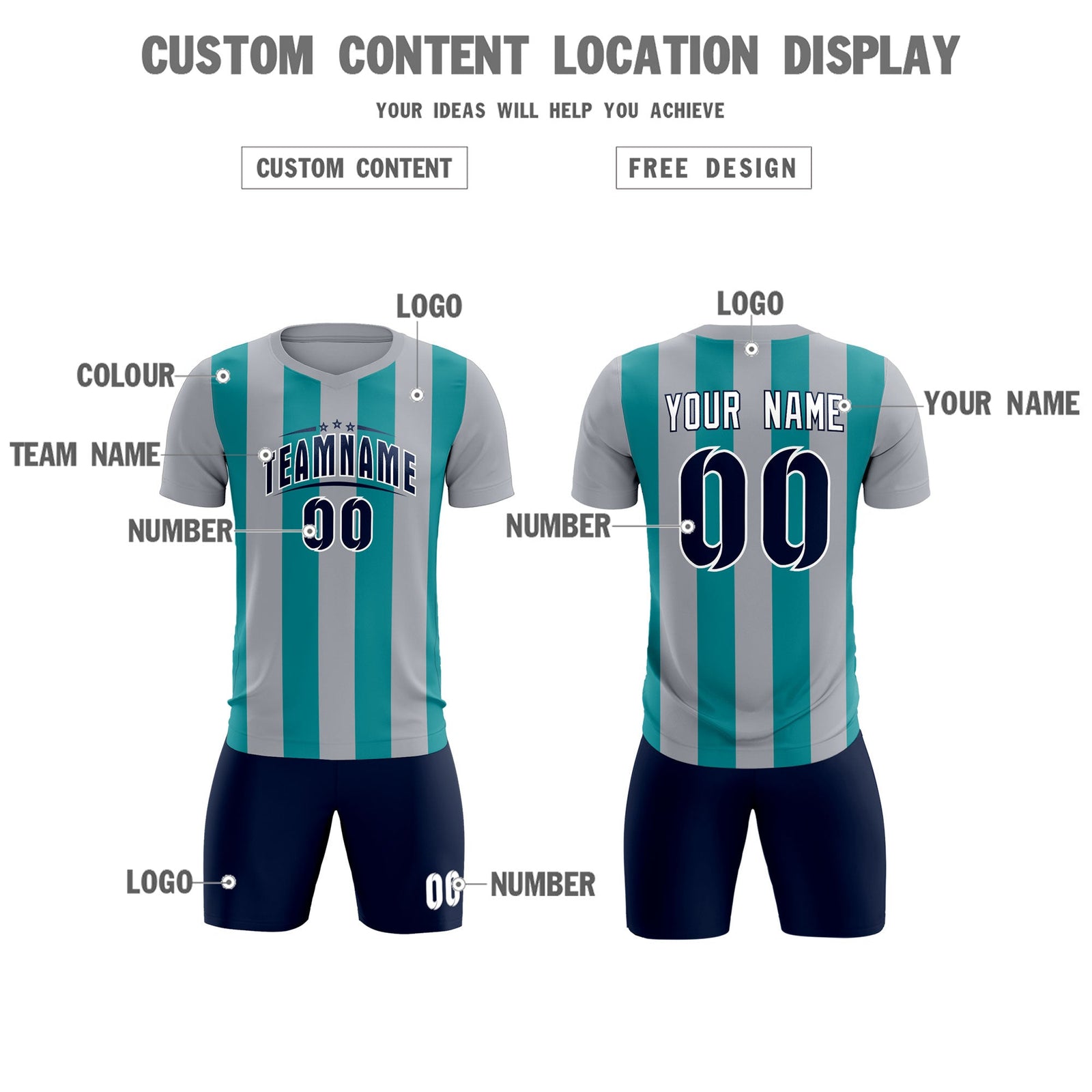 Custom Gray Aqua Vertical Stripes Casual Outdoor Soccer Sets Jersey