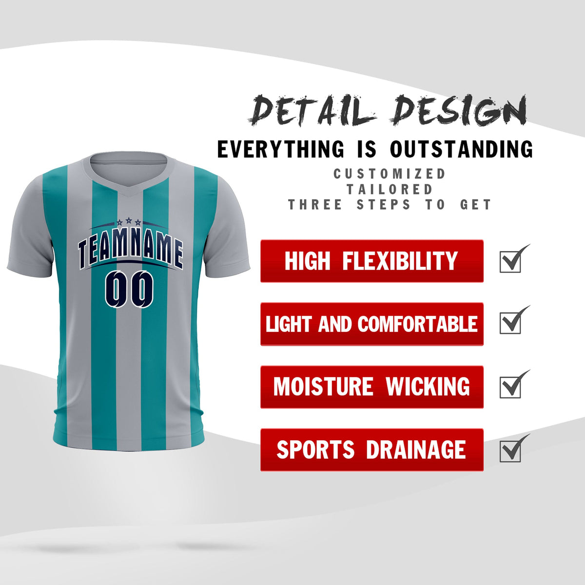 Custom Gray Aqua Vertical Stripes Casual Outdoor Soccer Sets Jersey