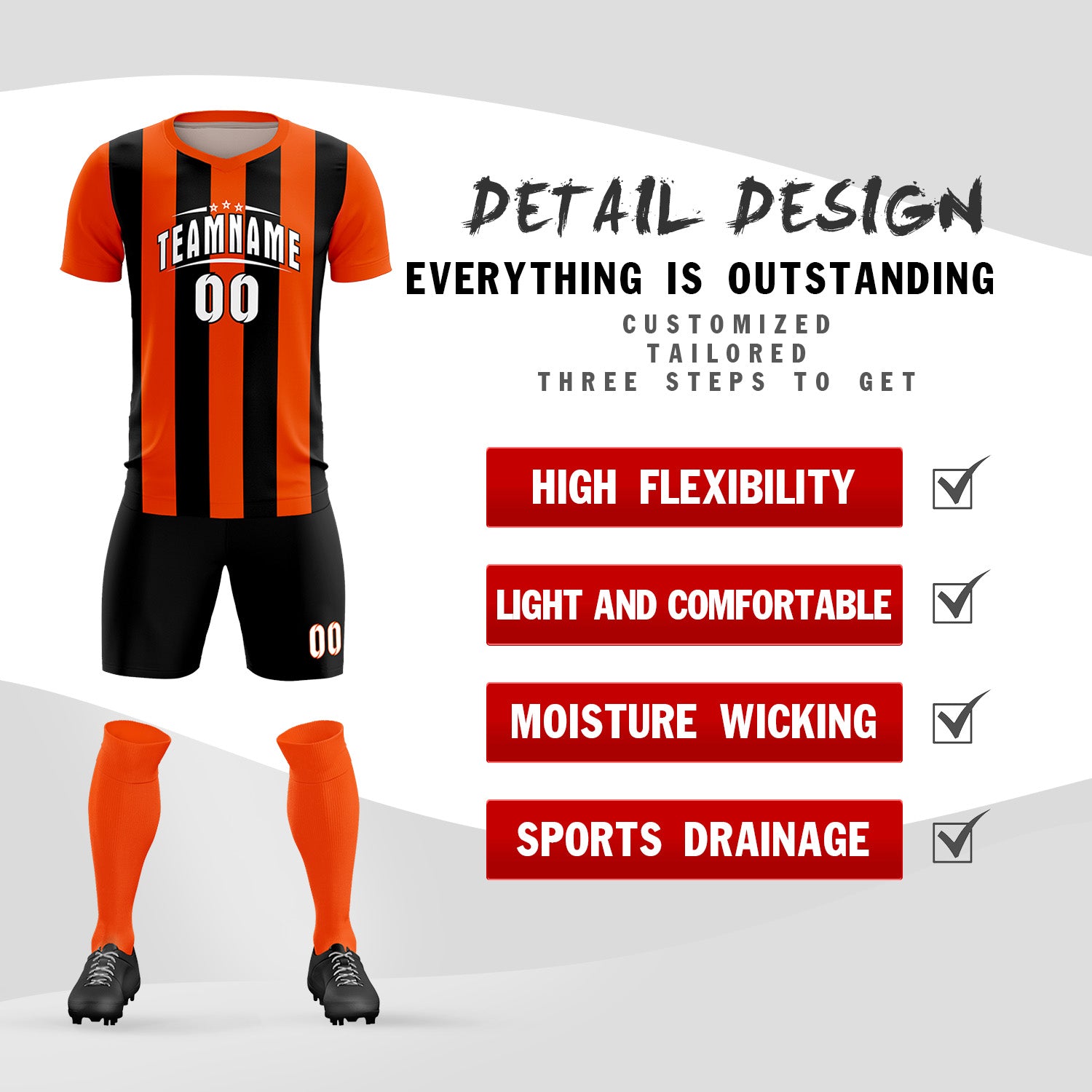 Custom Orange Black Vertical Stripes Casual Outdoor Soccer Sets Jersey