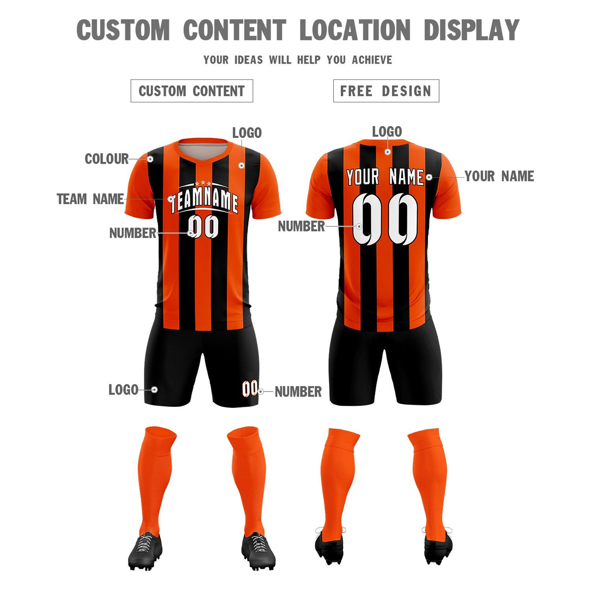 Custom Orange Black Vertical Stripes Casual Outdoor Soccer Sets Jersey
