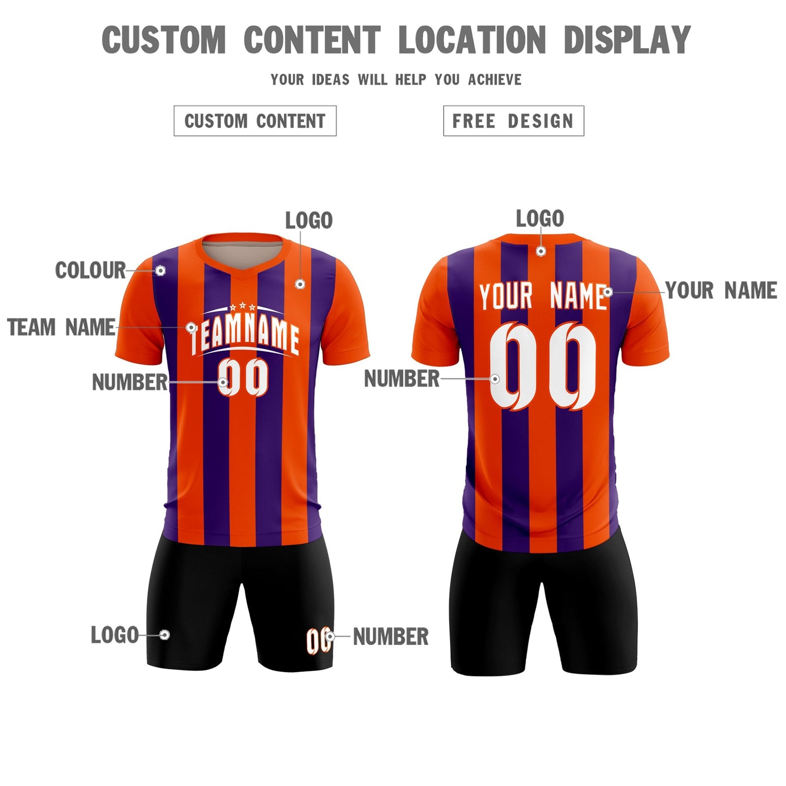 Custom Orange Purple Vertical Stripes Casual Outdoor Soccer Sets Jersey