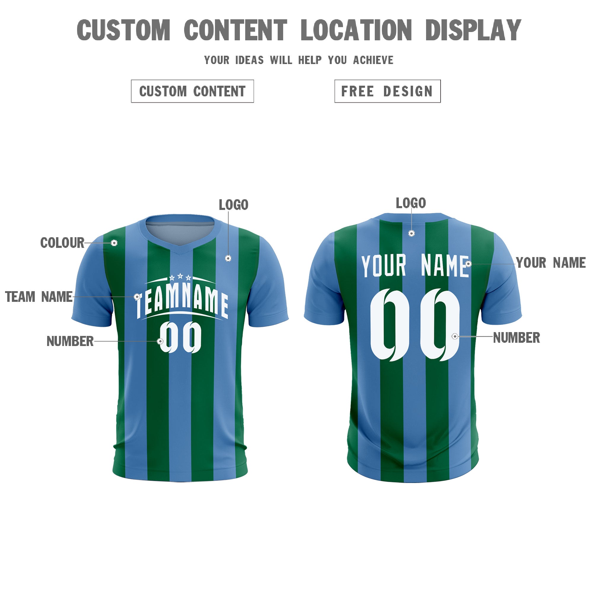 Custom Light Blue Kelly Green Vertical Stripes Casual Outdoor Soccer Sets Jersey