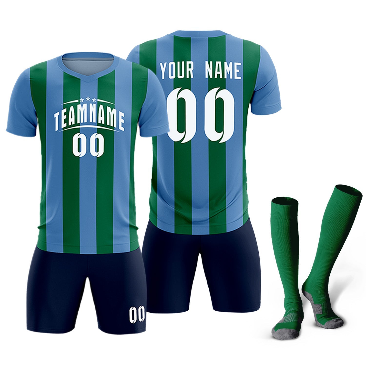 Custom Light Blue Kelly Green Vertical Stripes Casual Outdoor Soccer Sets Jersey