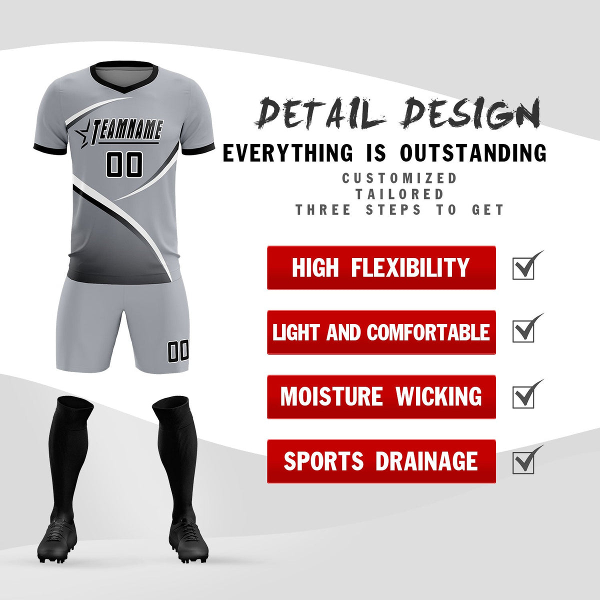 Custom Gray Black Color Block Training Uniform For Men Soccer Sets Jersey