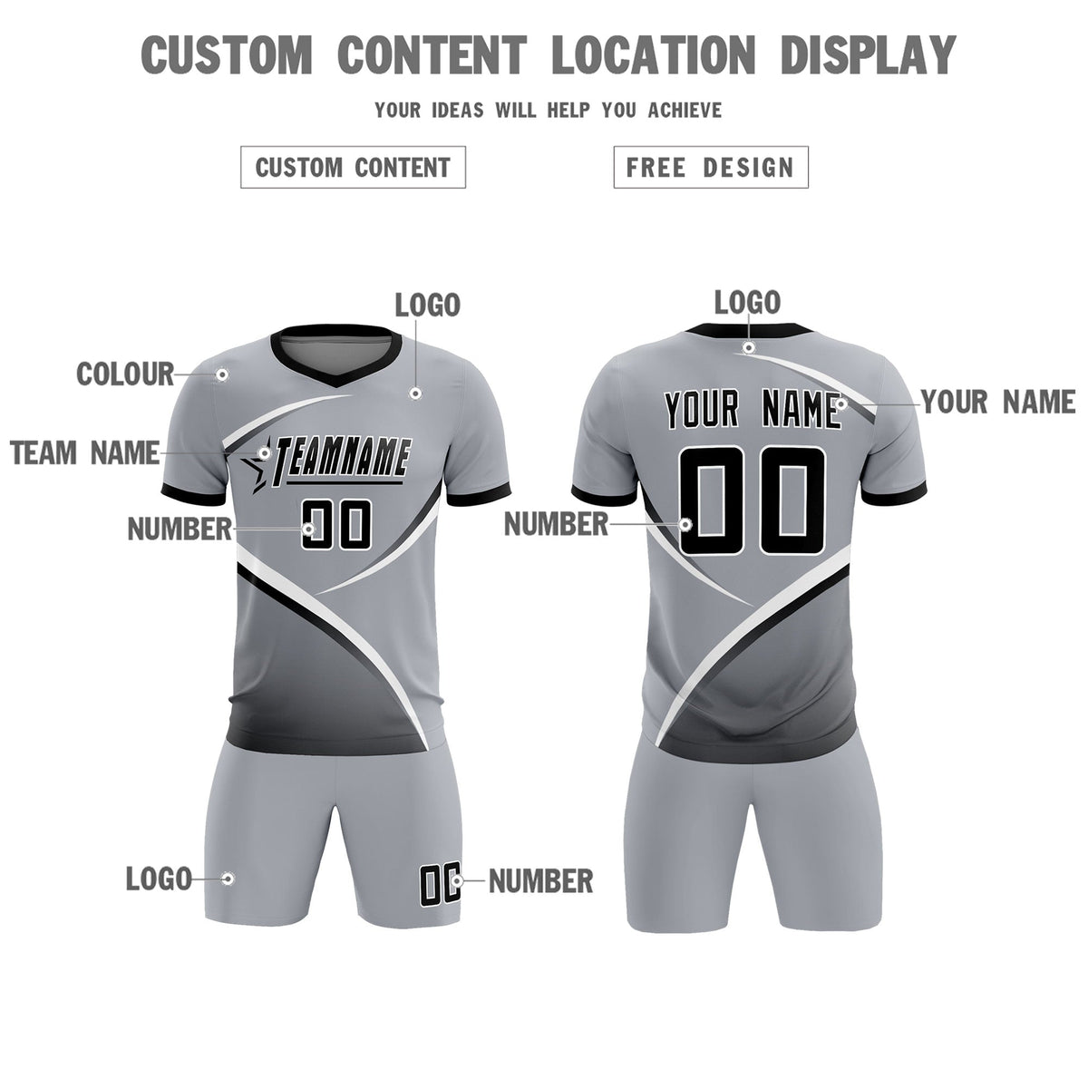 Custom Gray Black Color Block Training Uniform For Men Soccer Sets Jersey