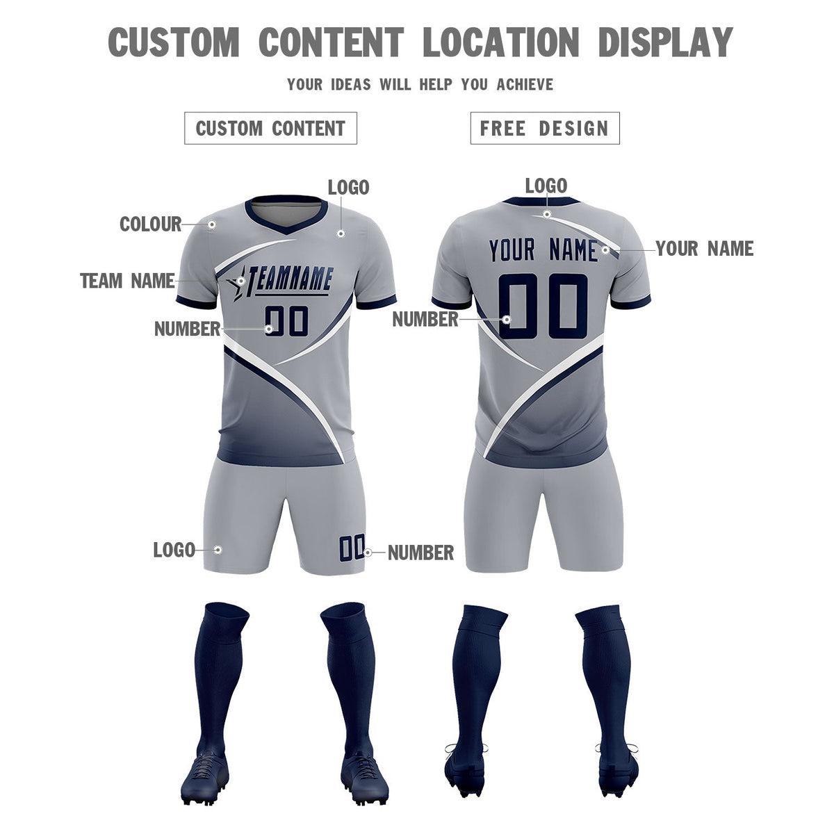 Custom Gray Navy Color Block Training Uniform For Men Soccer Sets Jersey