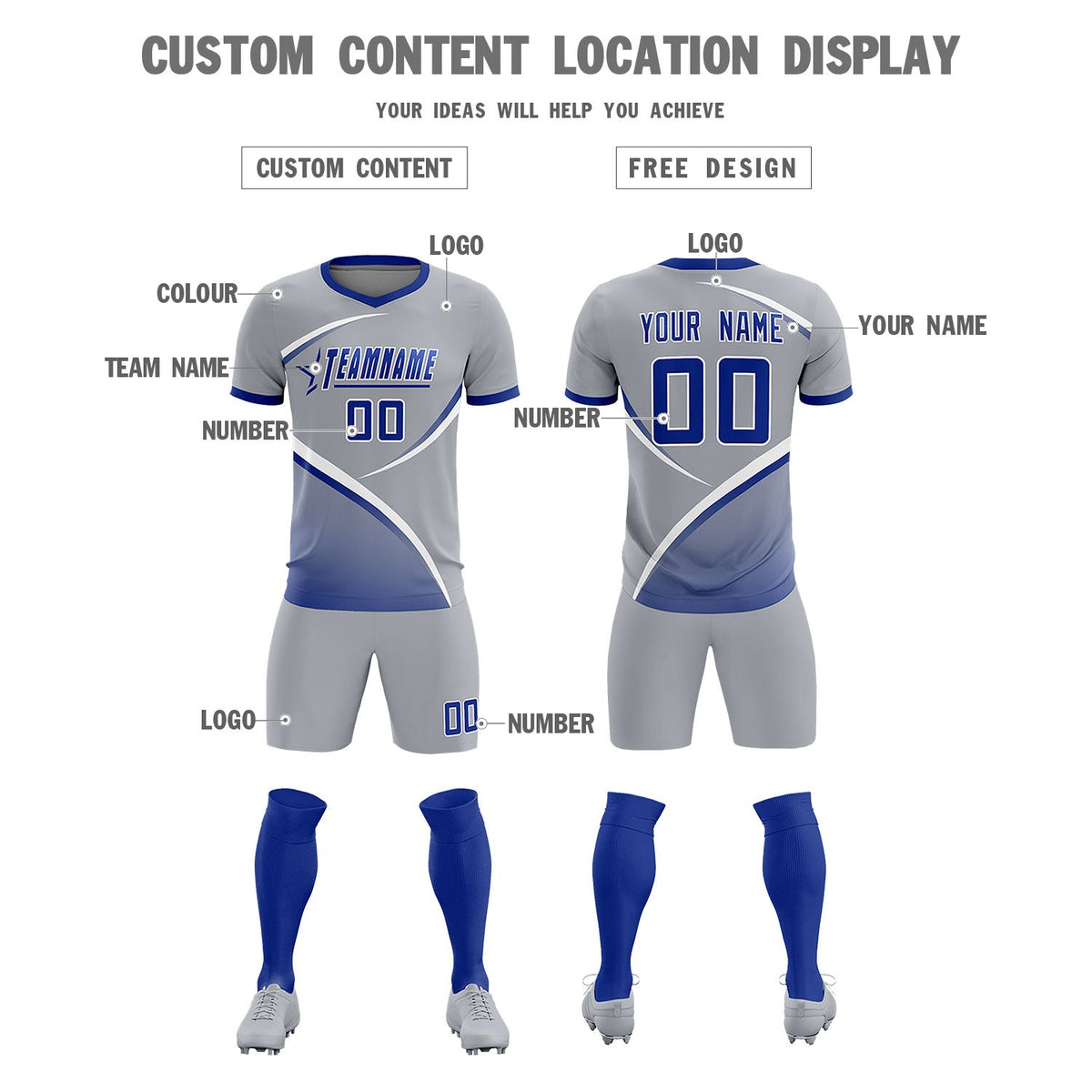 Custom Gray Royal Color Block Training Uniform For Men Soccer Sets Jersey