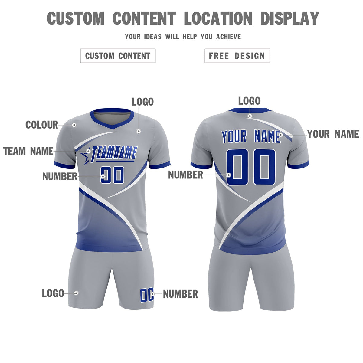 Custom Gray Royal Color Block Training Uniform For Men Soccer Sets Jersey