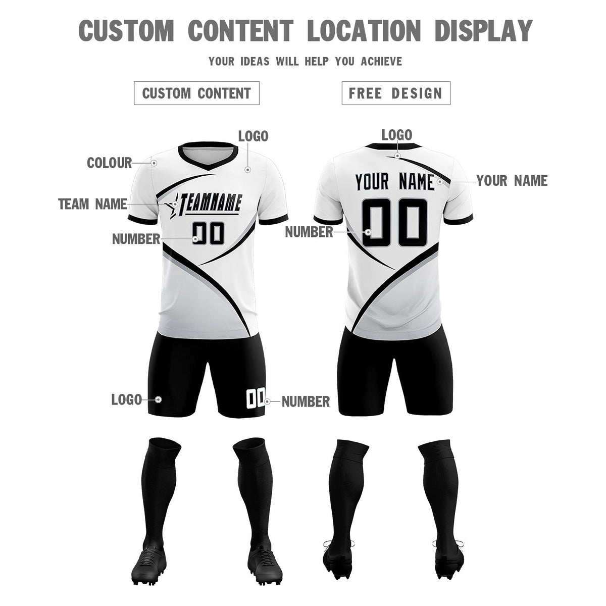 Custom White Black Color Block Training Uniform For Men Soccer Sets Jersey