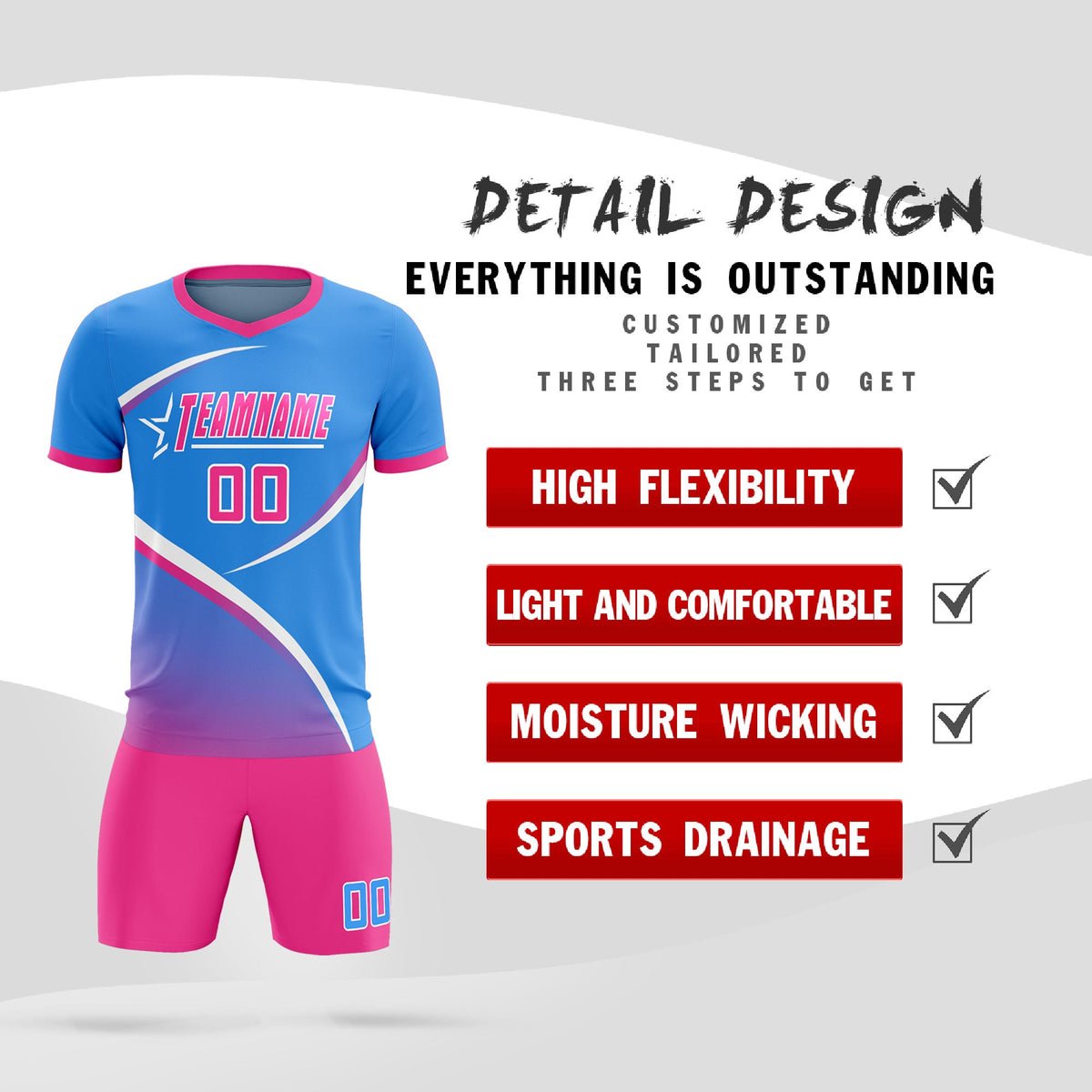 Custom Powder Blue Pink Color Block Training Uniform For Men Soccer Sets Jersey
