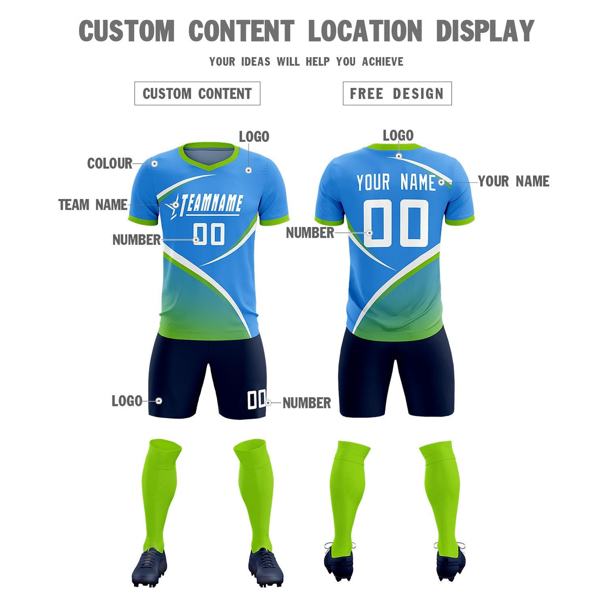 Custom Powder Blue Neon Green Color Block Training Uniform For Men Soccer Sets Jersey