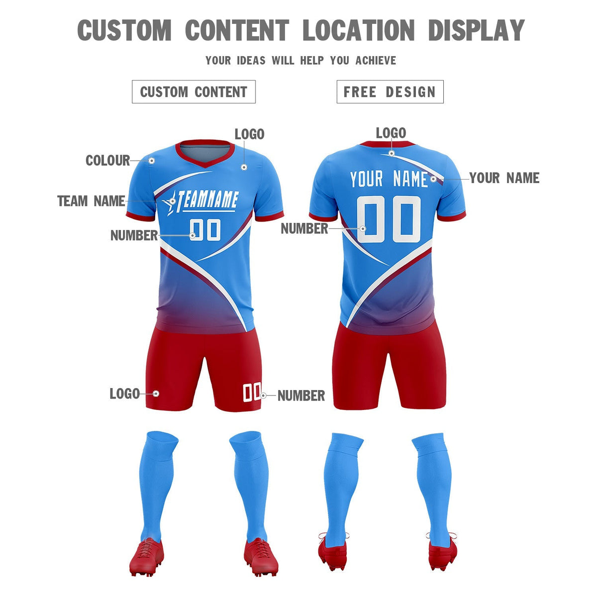 Custom Powder Blue Red Color Block Training Uniform For Men Soccer Sets Jersey