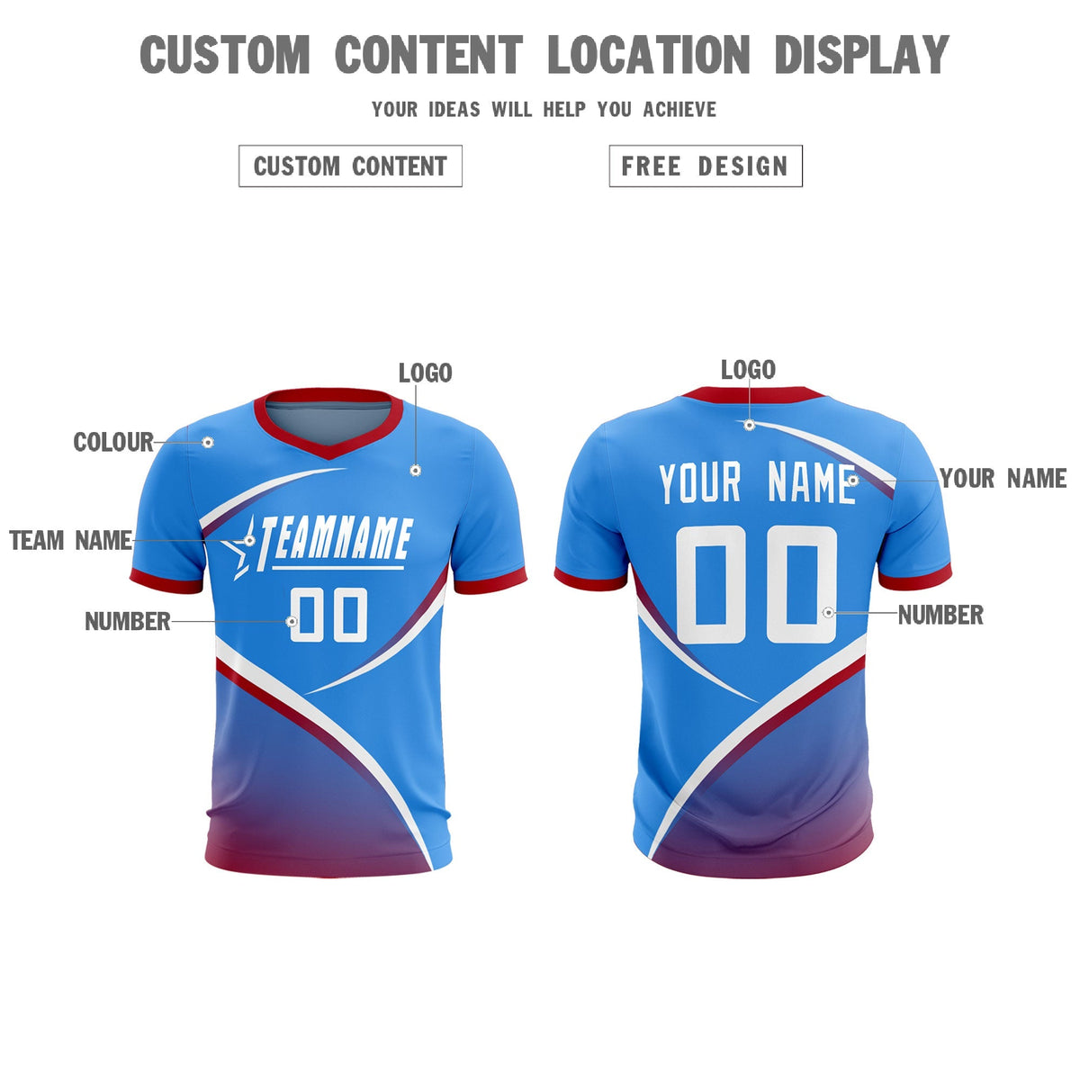 Custom Powder Blue Red Color Block Training Uniform For Men Soccer Sets Jersey