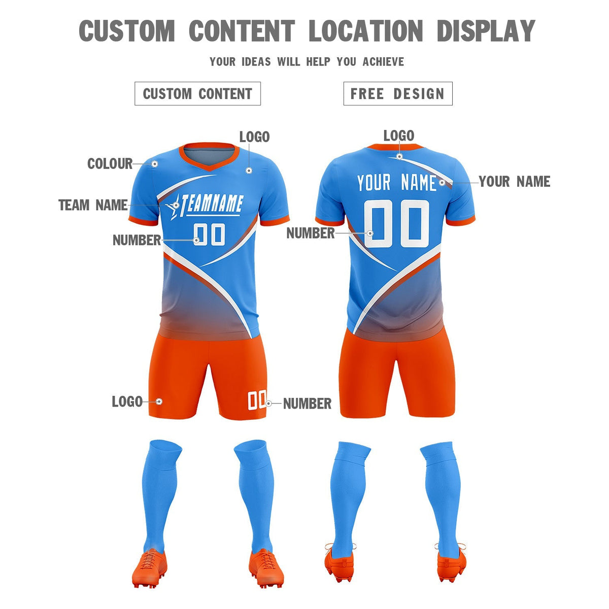 Custom Powder Blue Orange Color Block Training Uniform For Men Soccer Sets Jersey