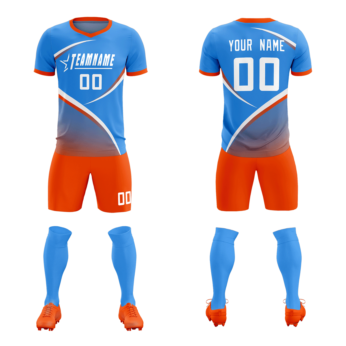 Custom Powder Blue Orange Color Block Training Uniform For Men Soccer Sets Jersey