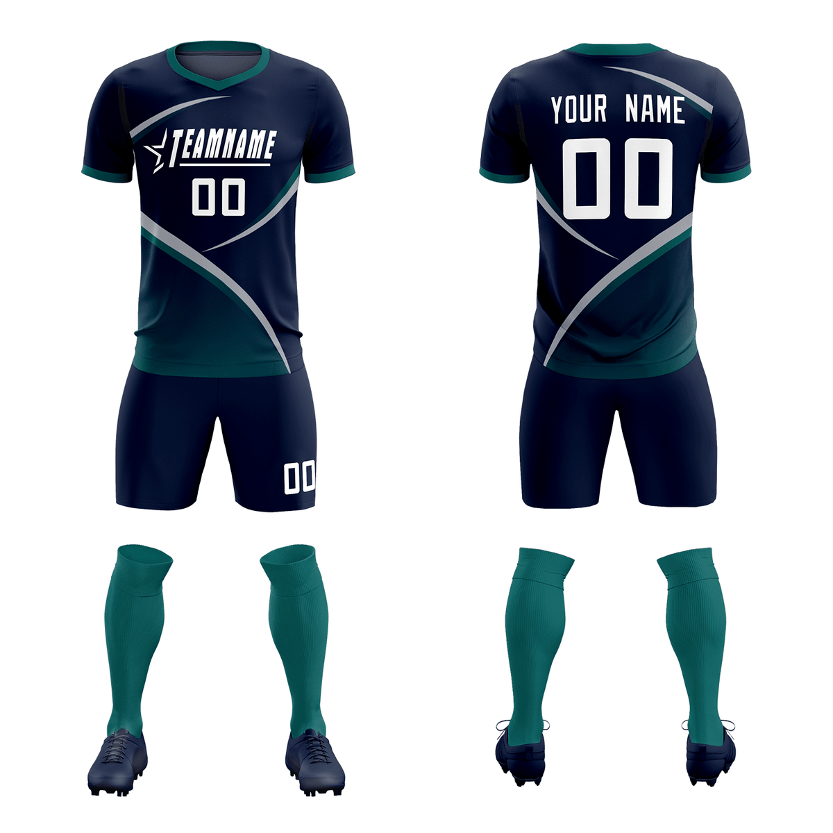 Custom Navy Aqua Color Block Training Uniform For Men Soccer Sets Jersey
