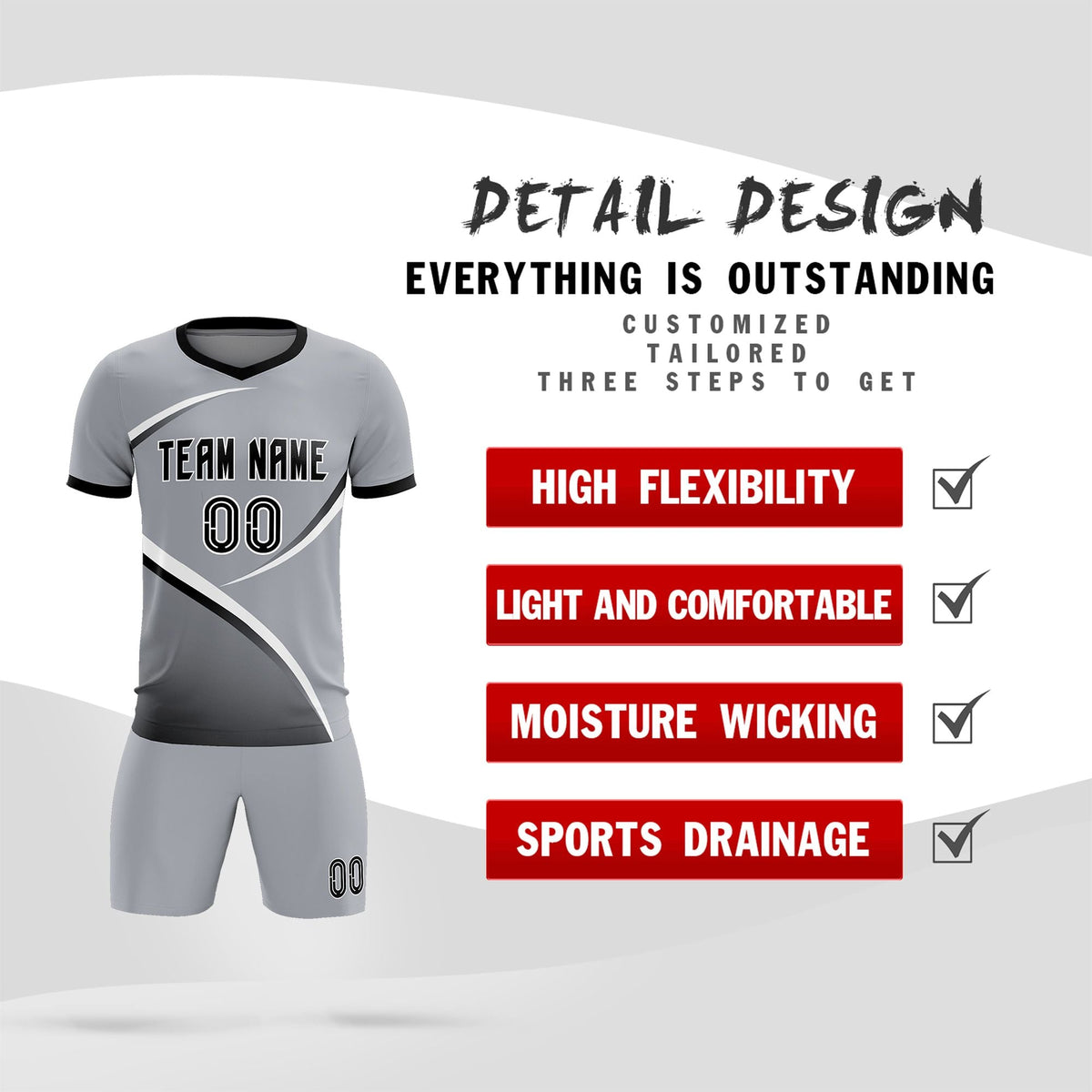 Custom Gray Black Color Block Training Uniform For Men Soccer Sets Jersey