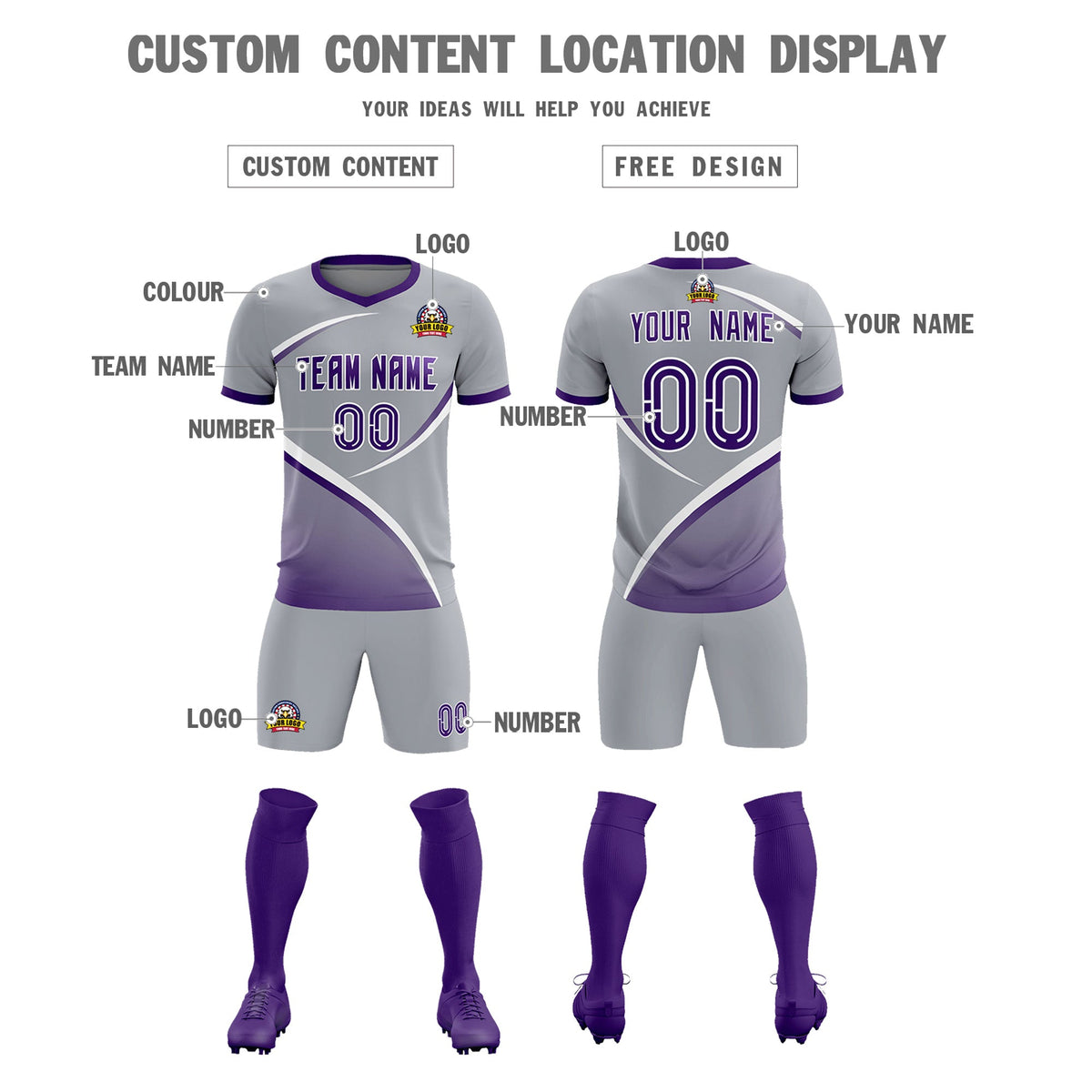 Custom Gray Purple Color Block Training Uniform For Men Soccer Sets Jersey