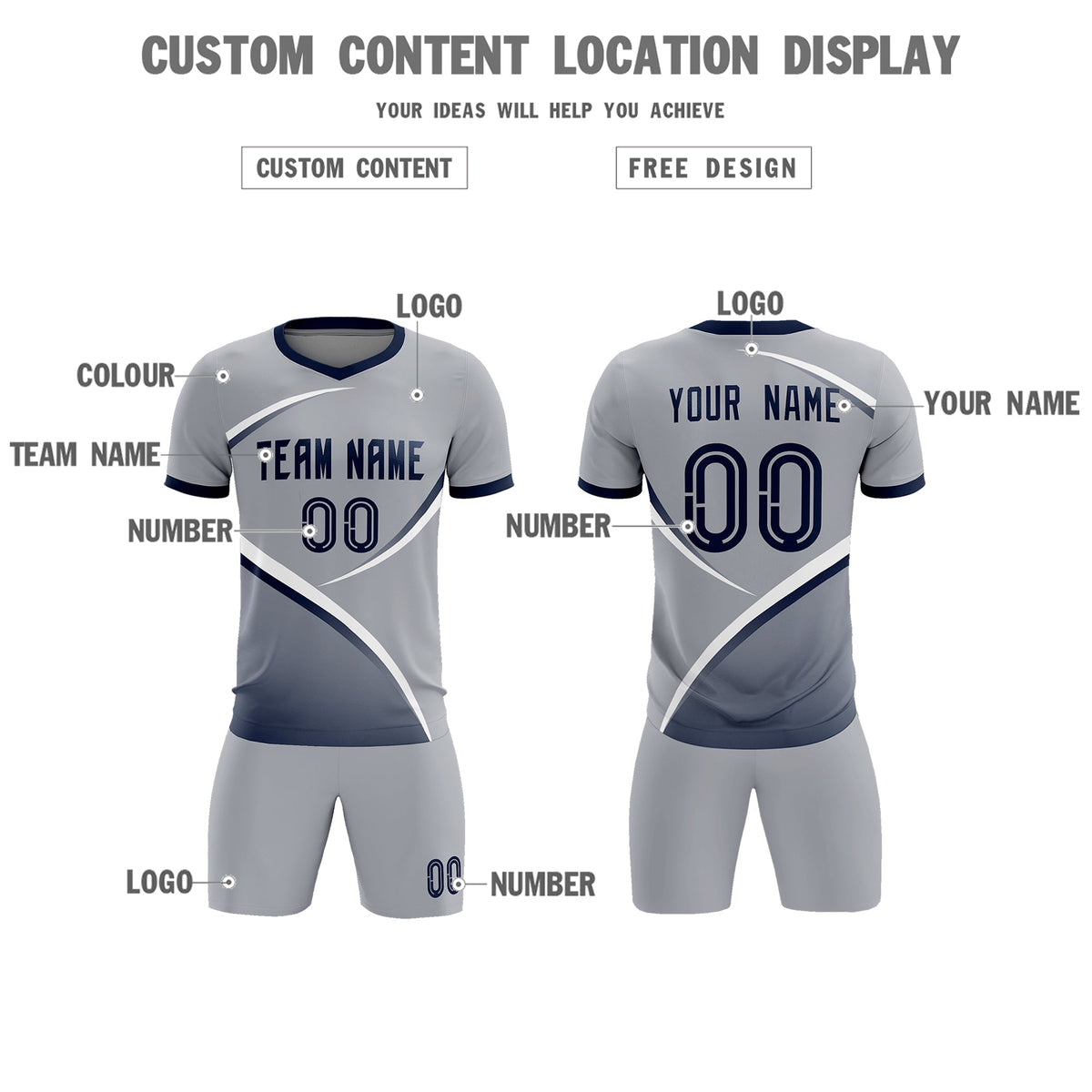 Custom Gray Navy Color Block Training Uniform For Men Soccer Sets Jersey