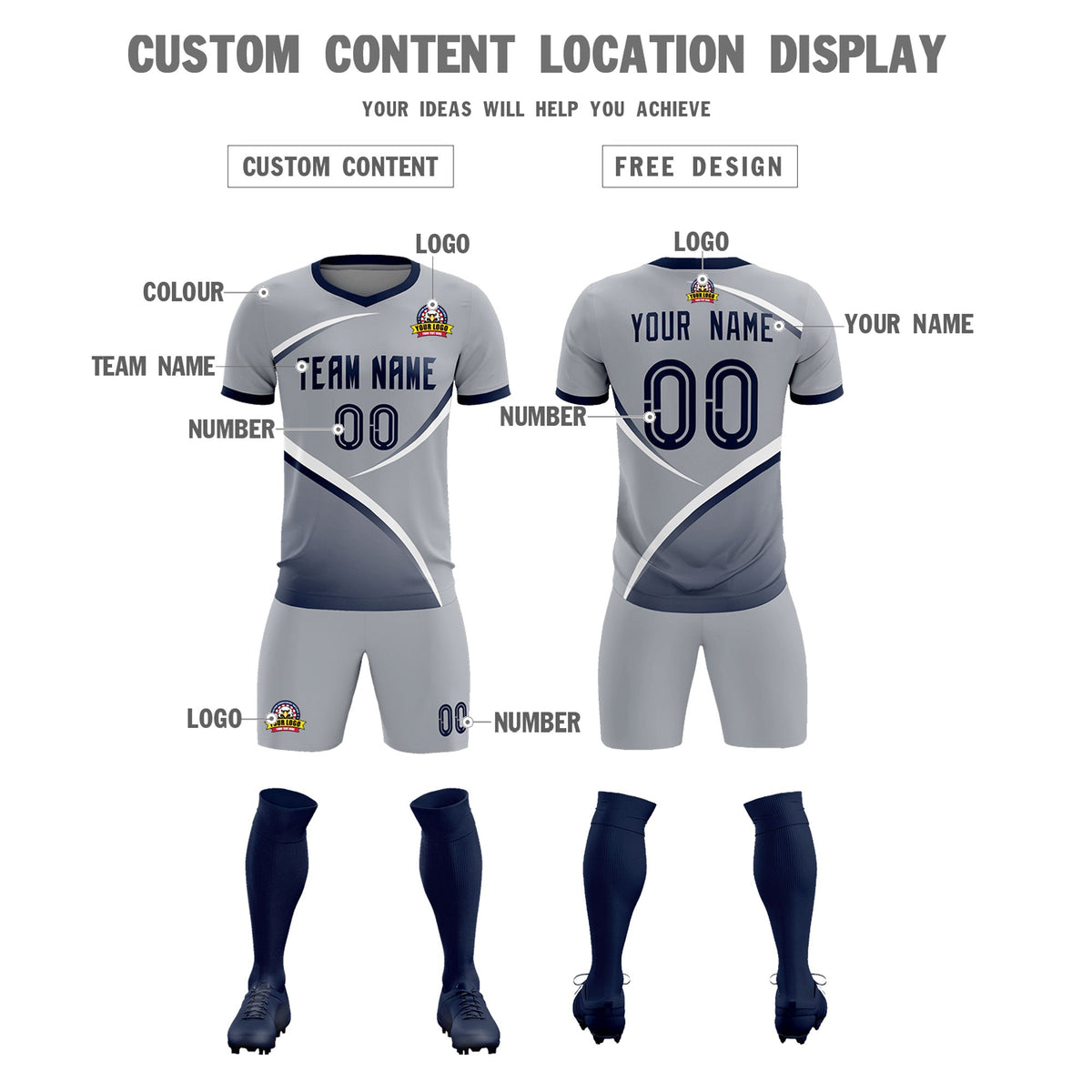 Custom Gray Navy Color Block Training Uniform For Men Soccer Sets Jersey
