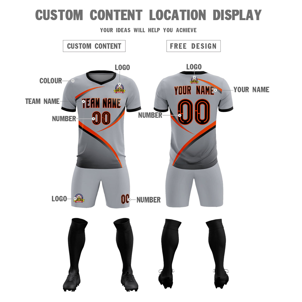 Custom Gray Black Color Block Training Uniform For Men Soccer Sets Jersey