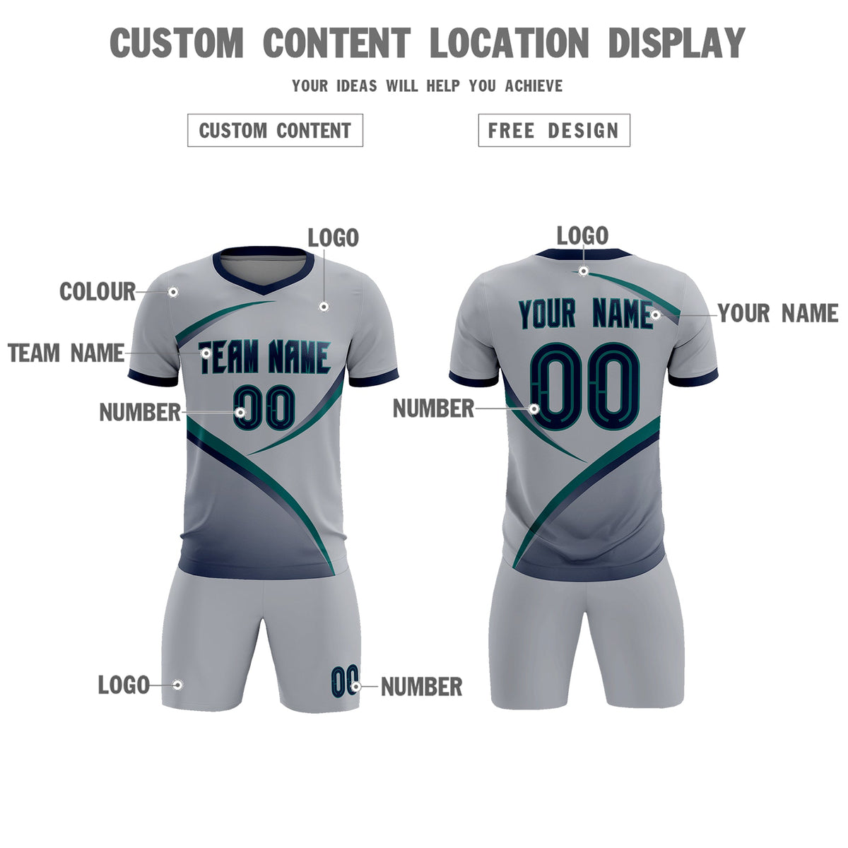 Custom Gray Navy Color Block Training Uniform For Men Soccer Sets Jersey