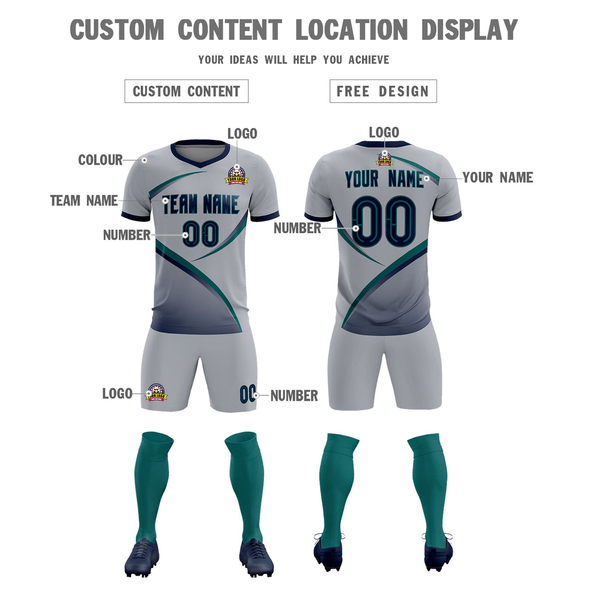 Custom Gray Navy Color Block Training Uniform For Men Soccer Sets Jersey