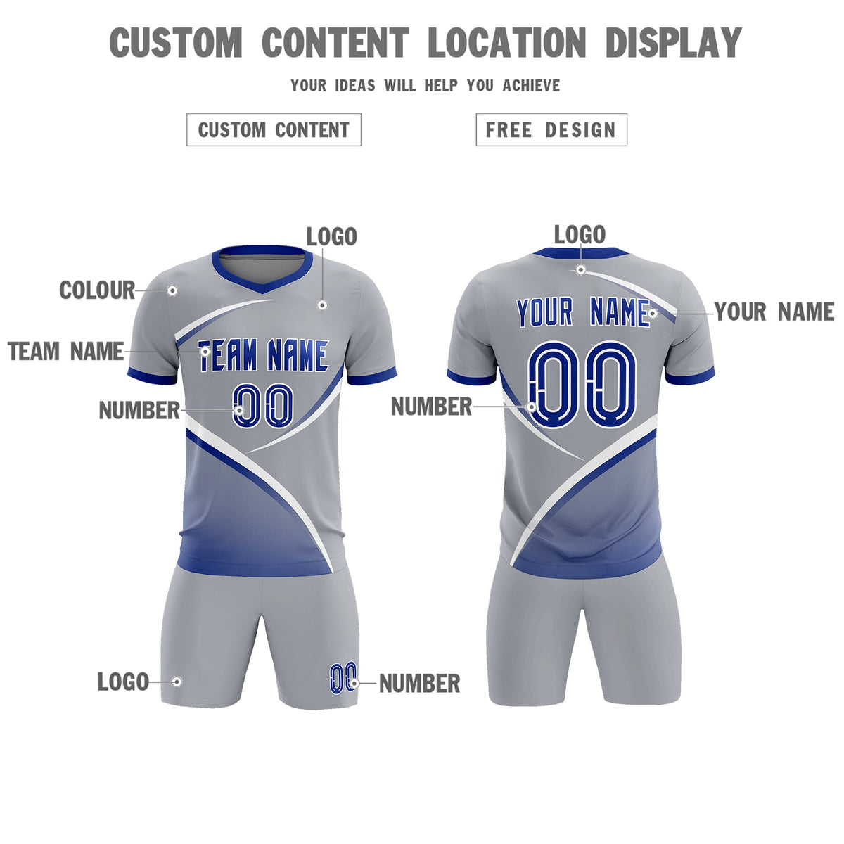 Custom Gray Royal Color Block Training Uniform For Men Soccer Sets Jersey