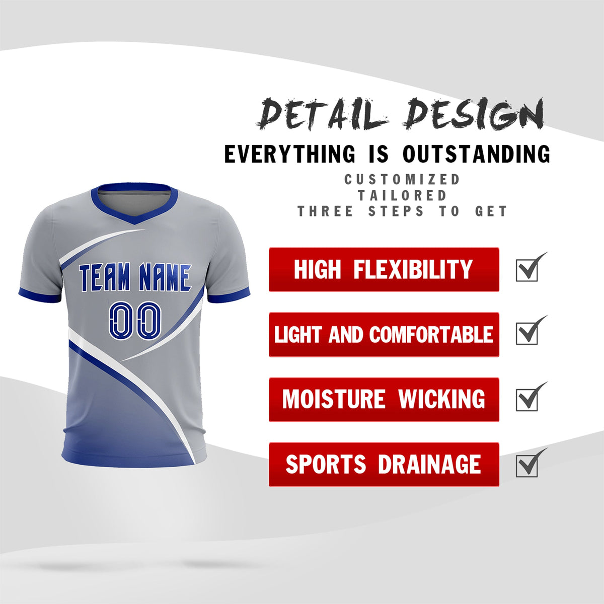 Custom Gray Royal Color Block Training Uniform For Men Soccer Sets Jersey