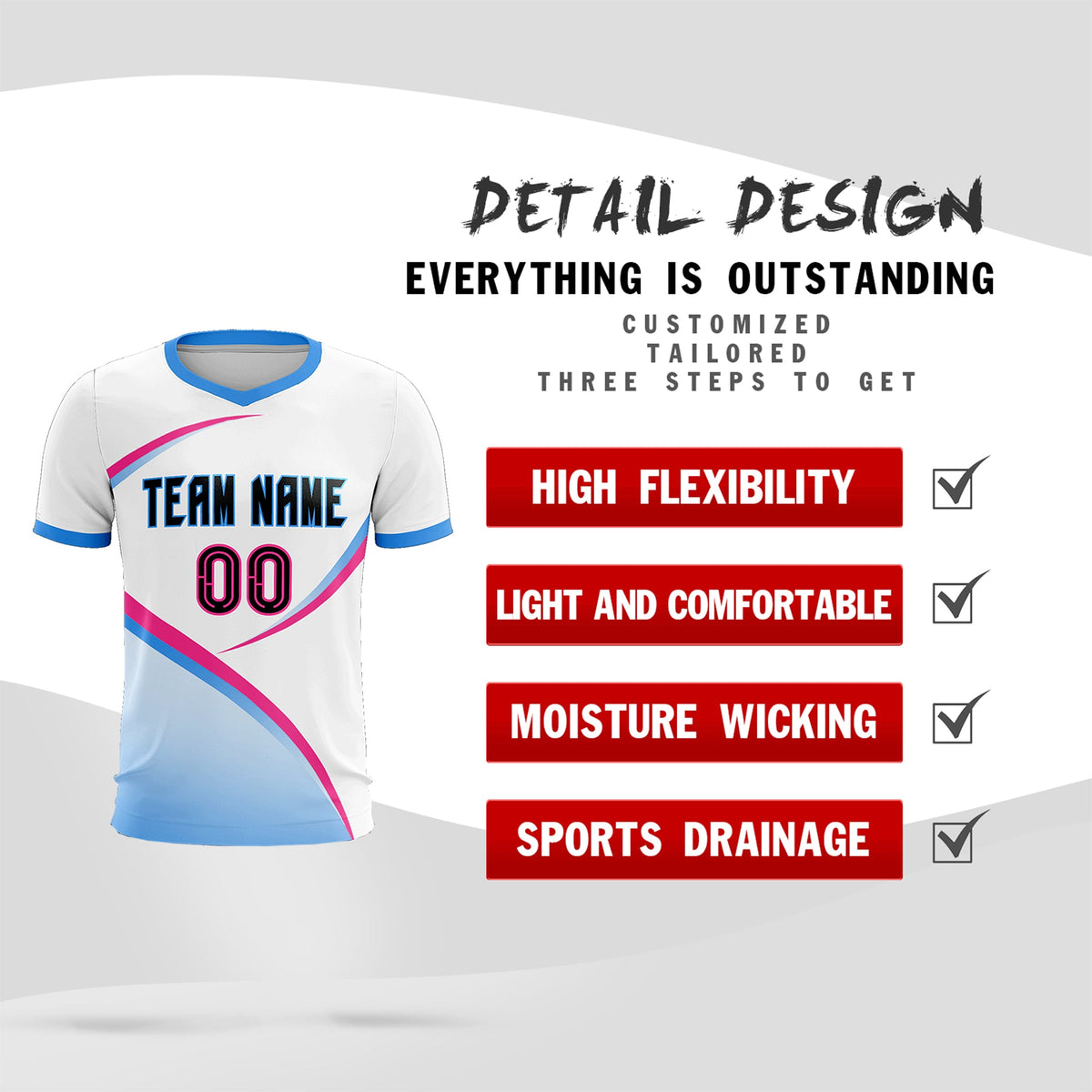 Custom White Powder Blue Color Block Training Uniform For Men Soccer Sets Jersey