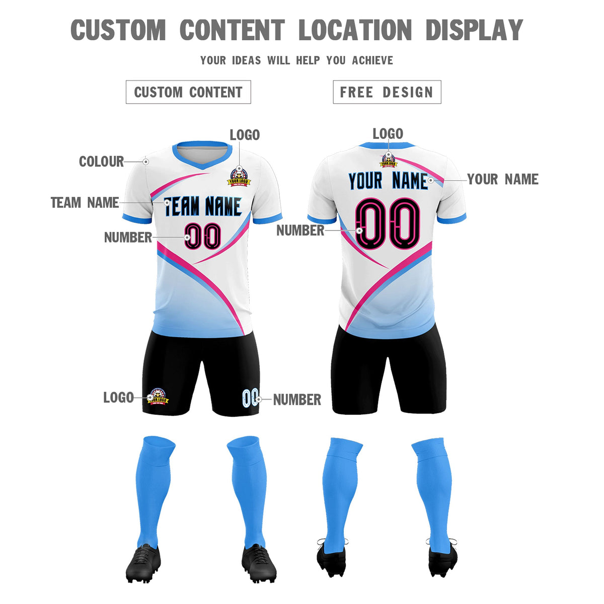 Custom White Powder Blue Color Block Training Uniform For Men Soccer Sets Jersey