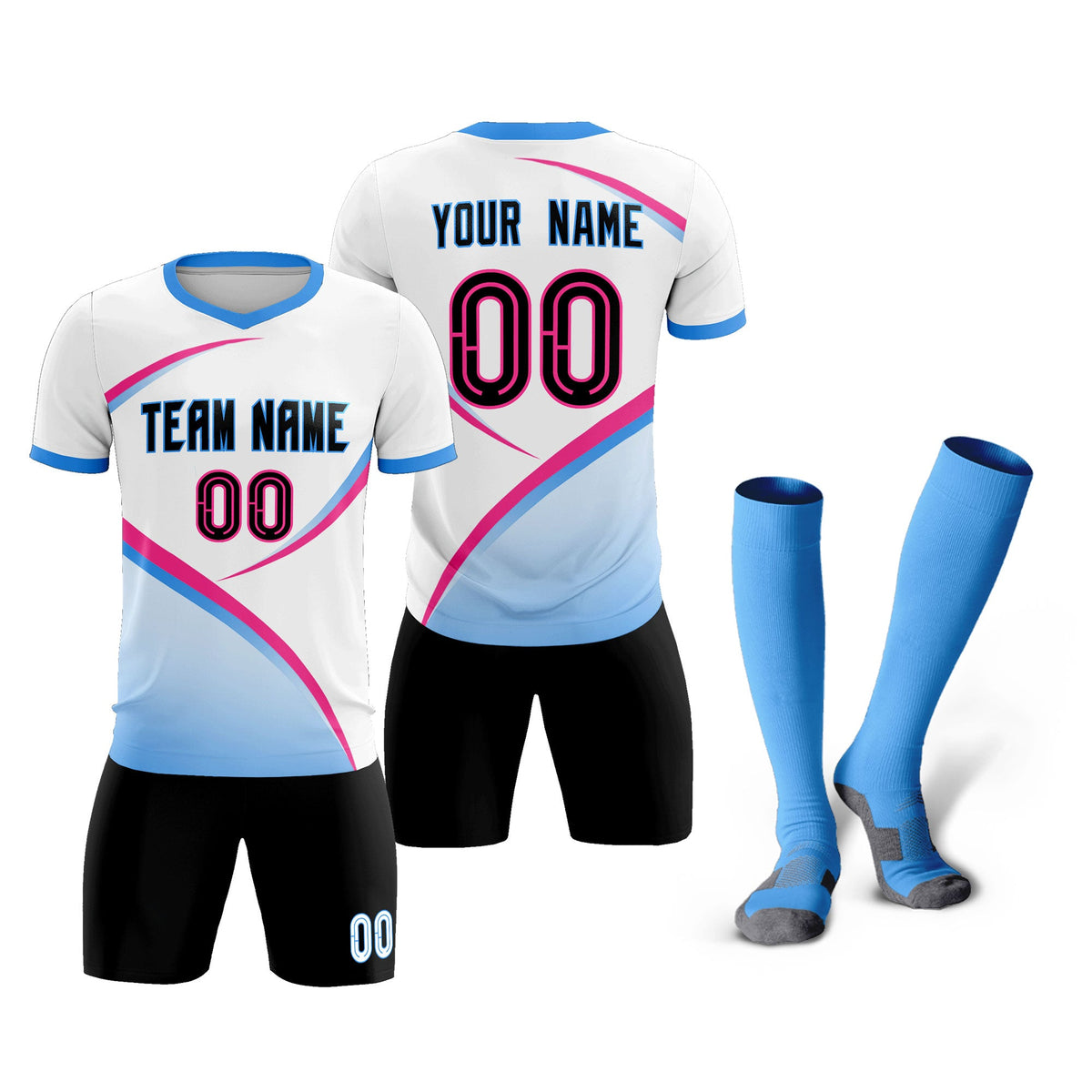 Custom White Powder Blue Color Block Training Uniform For Men Soccer Sets Jersey