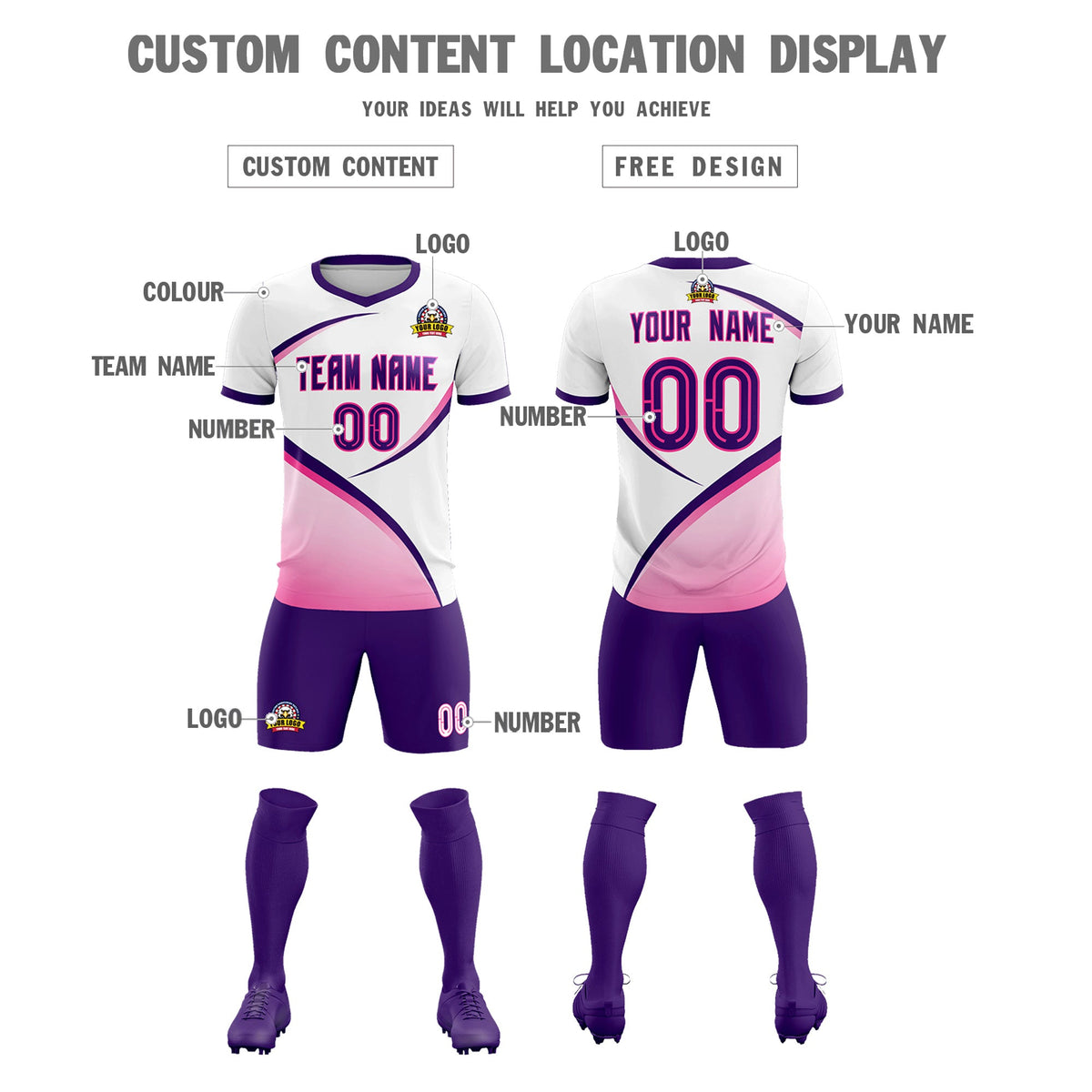 Custom White Purple Color Block Training Uniform For Men Soccer Sets Jersey