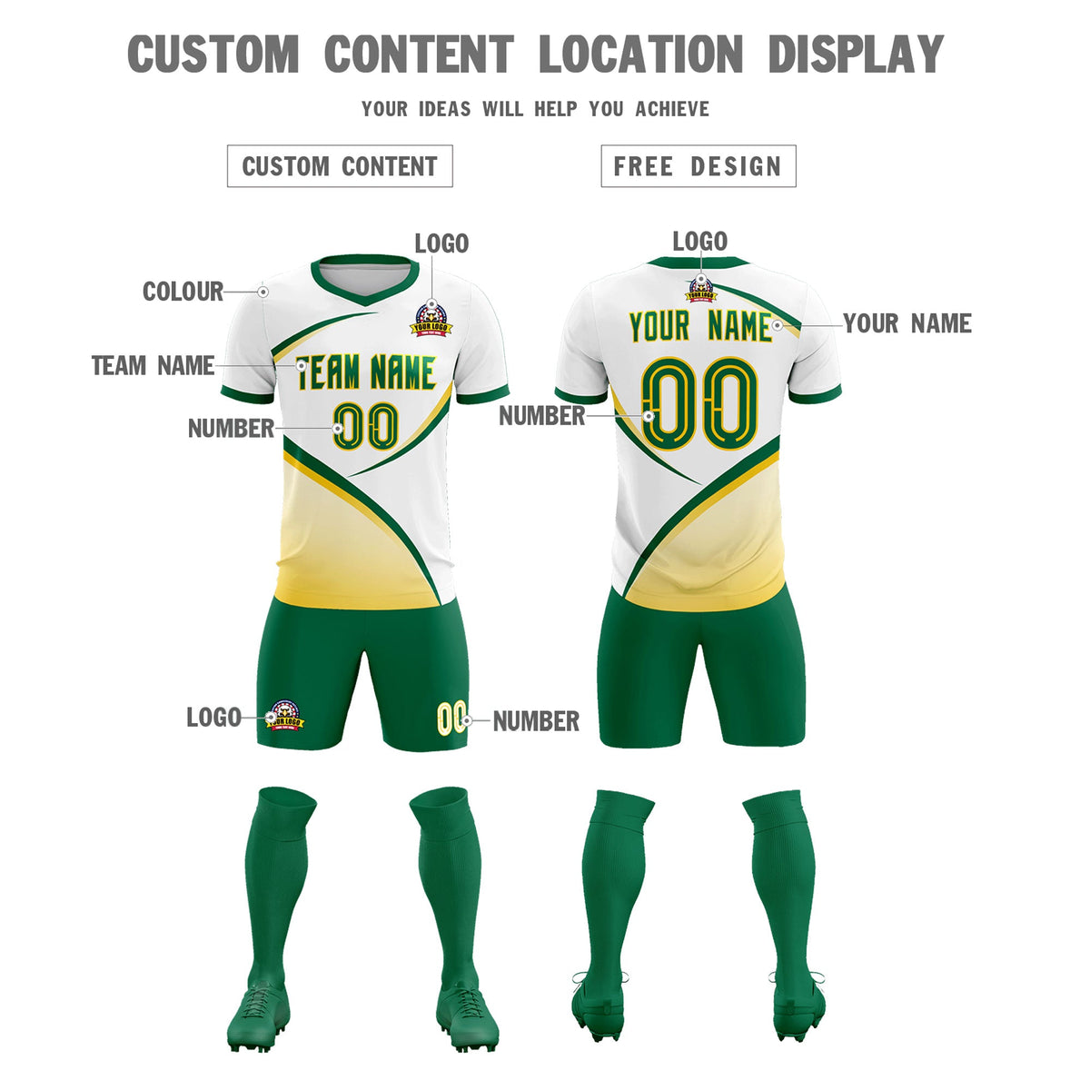 Custom White Kelly Green Color Block Training Uniform For Men Soccer Sets Jersey