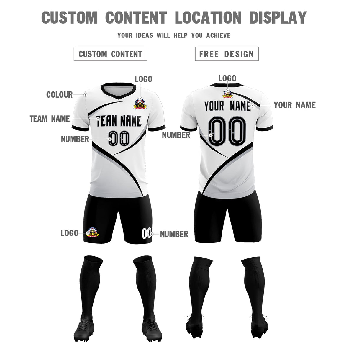 Custom White Black Color Block Training Uniform For Men Soccer Sets Jersey