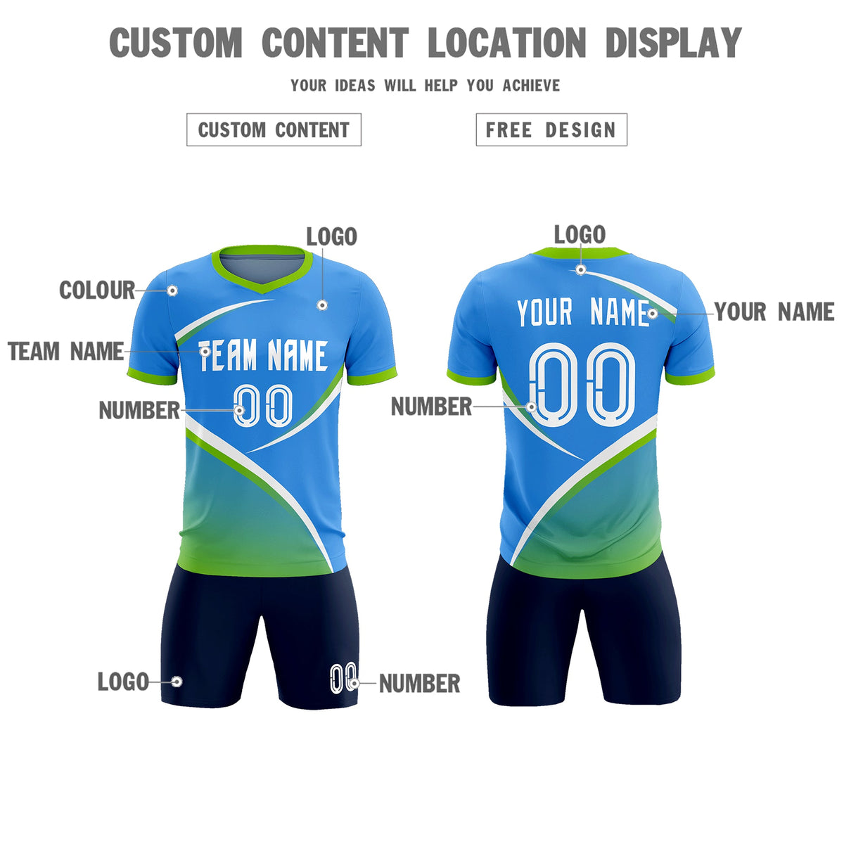Custom Powder Blue Neon Green Color Block Training Uniform For Men Soccer Sets Jersey