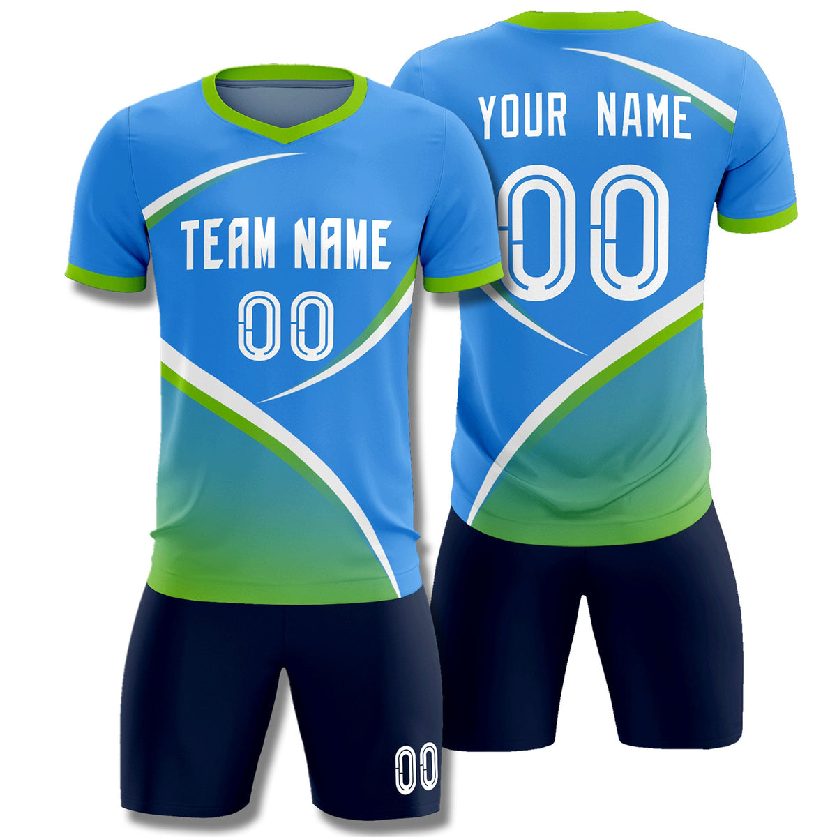Custom Powder Blue Neon Green Color Block Training Uniform For Men Soccer Sets Jersey