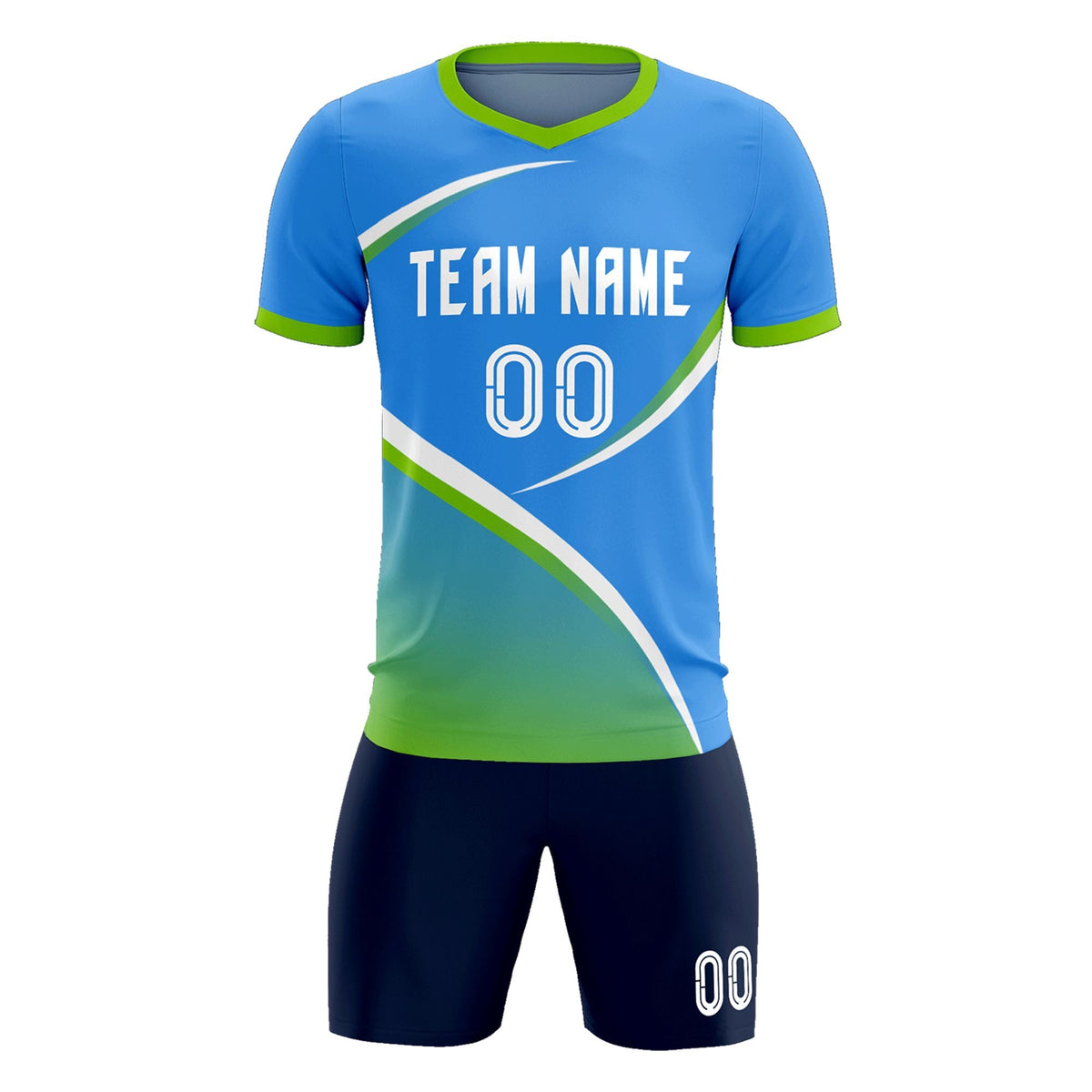 Custom Powder Blue Neon Green Color Block Training Uniform For Men Soccer Sets Jersey