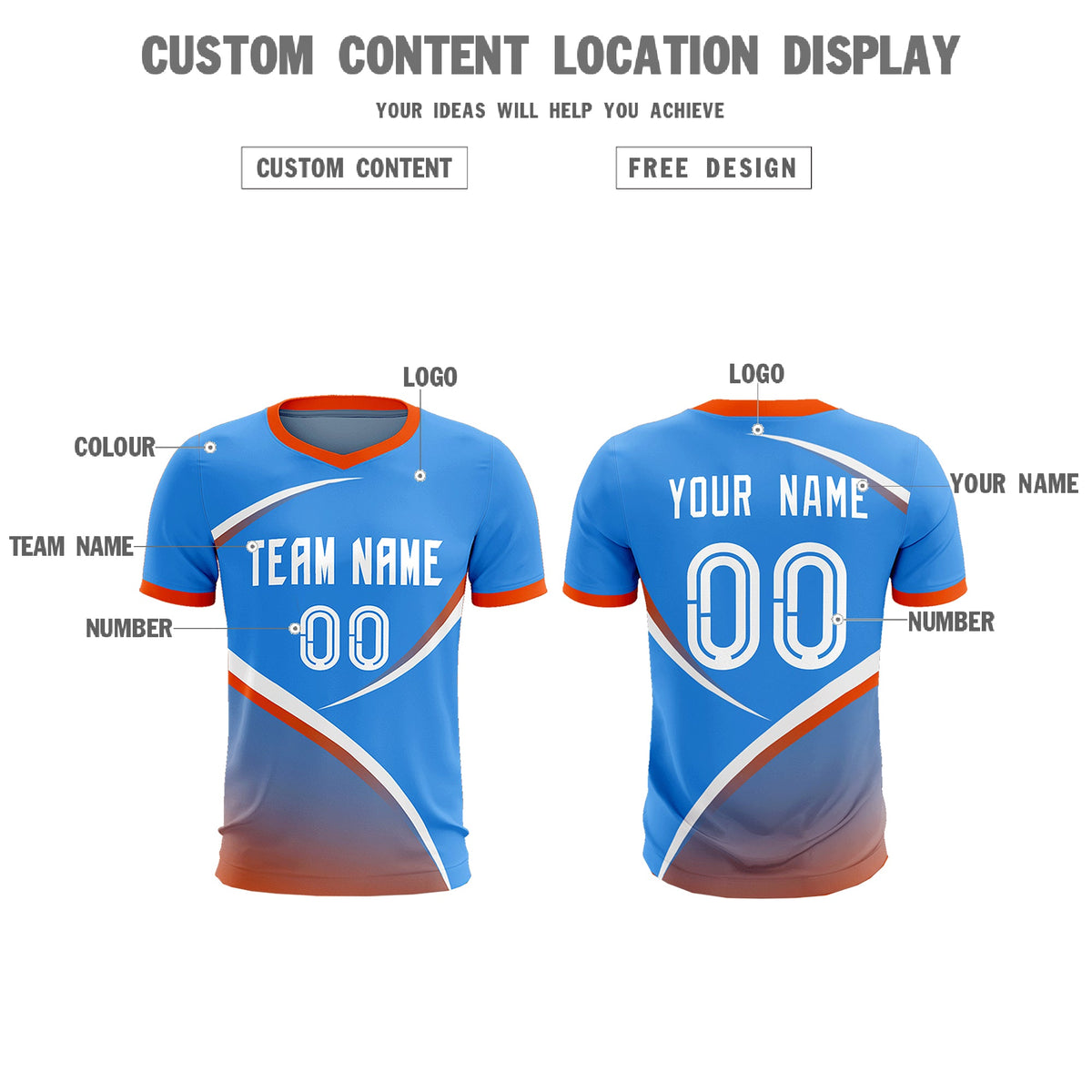 Custom Powder Blue Orange Color Block Training Uniform For Men Soccer Sets Jersey