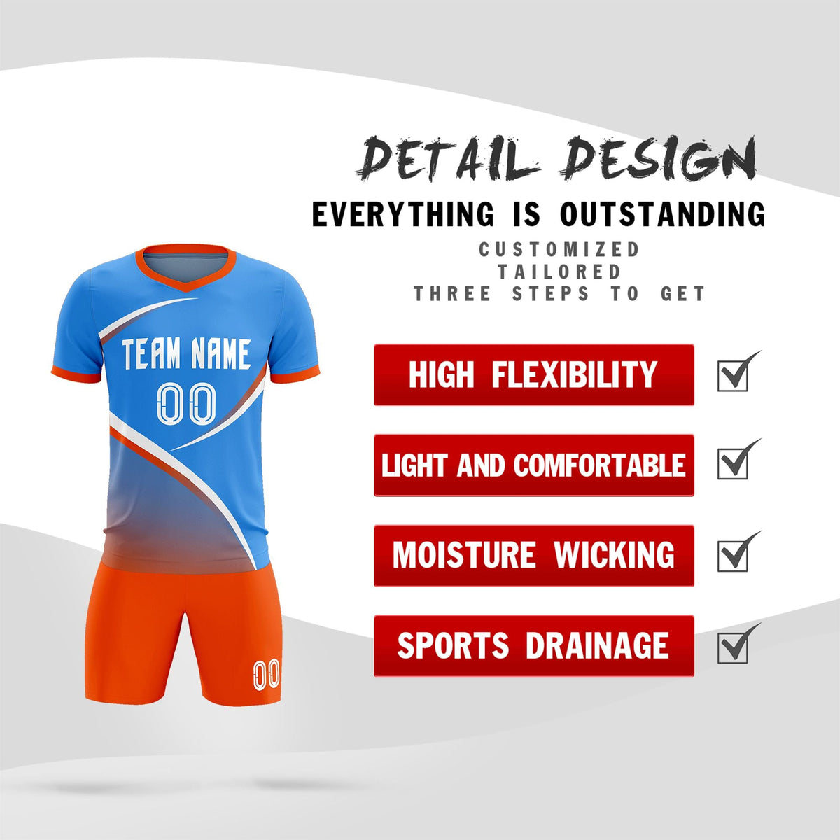 Custom Powder Blue Orange Color Block Training Uniform For Men Soccer Sets Jersey