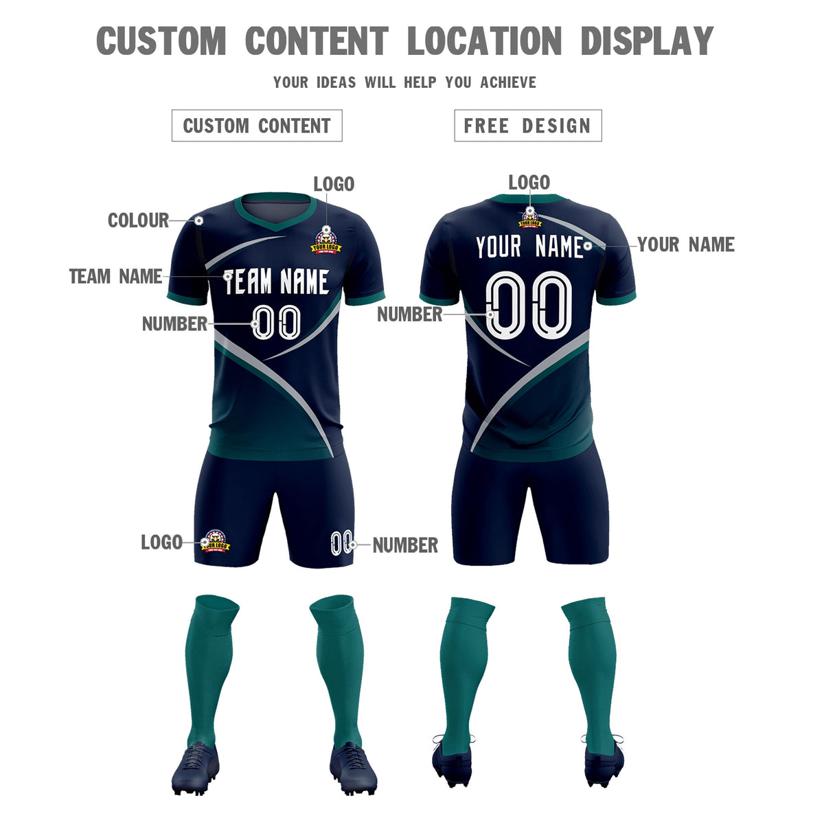 Custom Navy Aqua Color Block Training Uniform For Men Soccer Sets Jersey