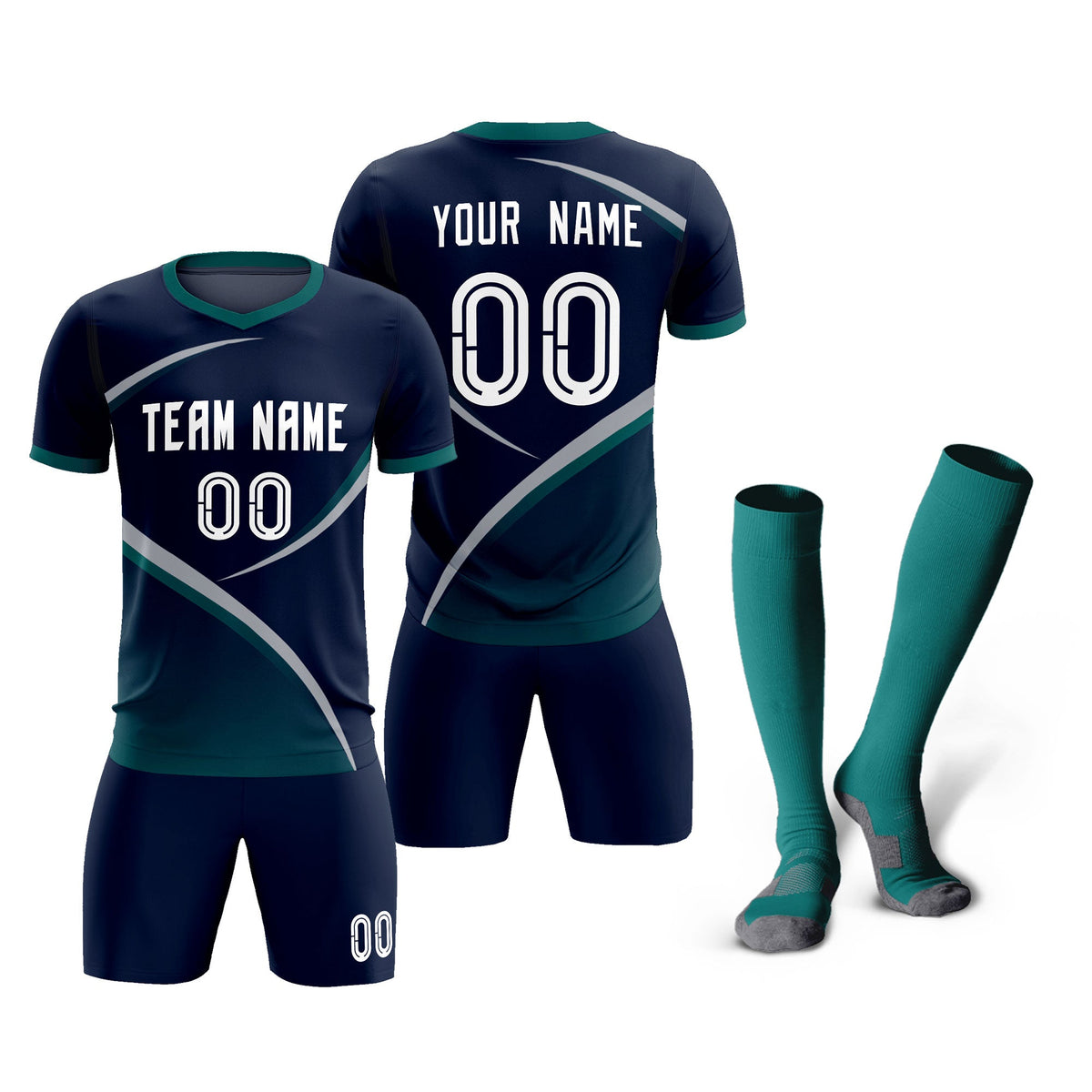 Custom Navy Aqua Color Block Training Uniform For Men Soccer Sets Jersey