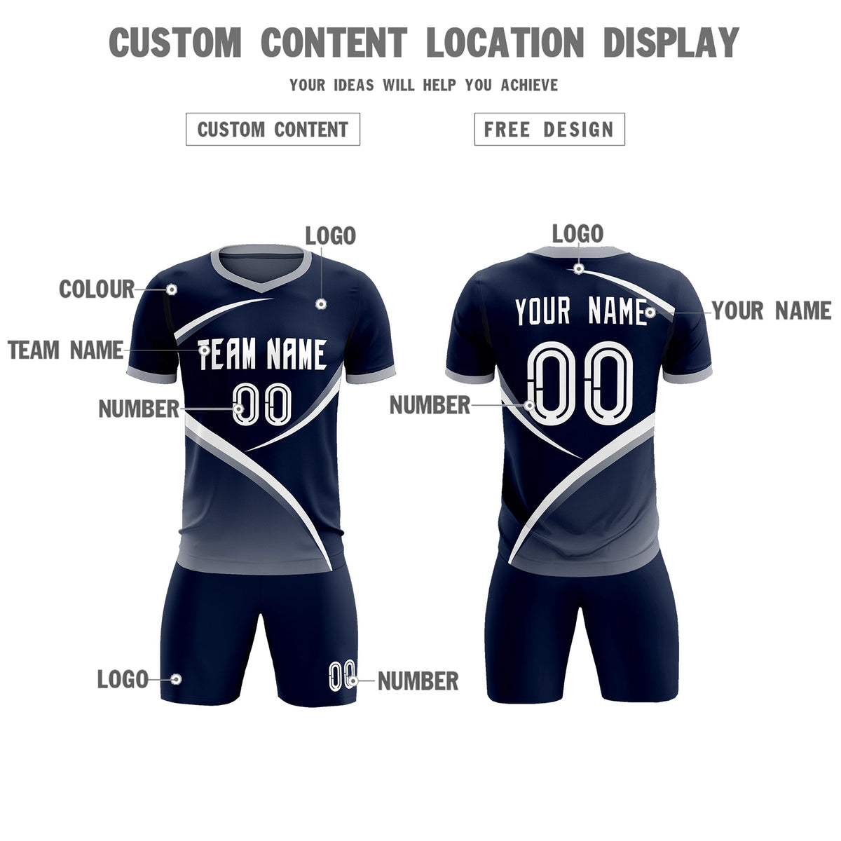 Custom Navy Gray Color Block Training Uniform For Men Soccer Sets Jersey