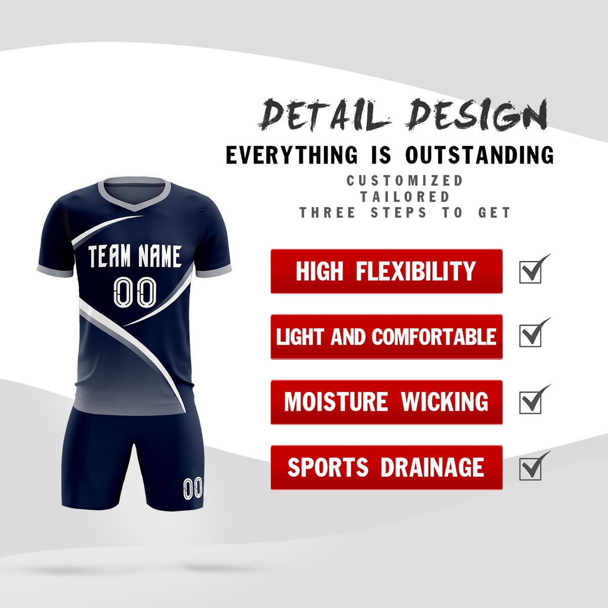 Custom Navy Gray Color Block Training Uniform For Men Soccer Sets Jersey