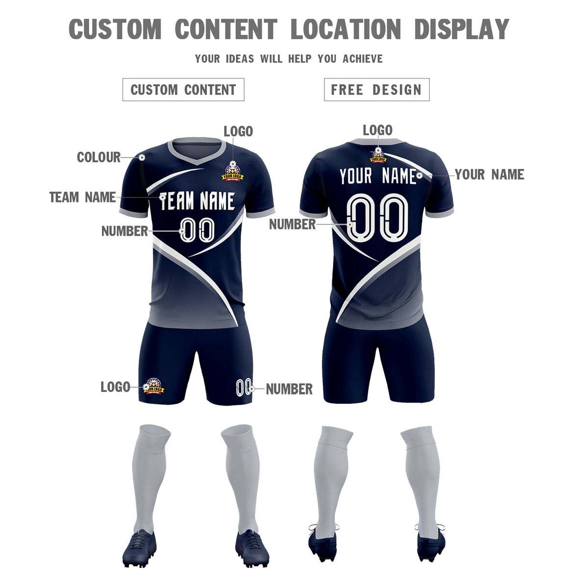Custom Navy Gray Color Block Training Uniform For Men Soccer Sets Jersey