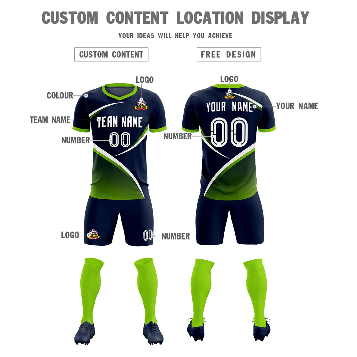 Custom Navy Neon Green Color Block Training Uniform For Men Soccer Sets Jersey