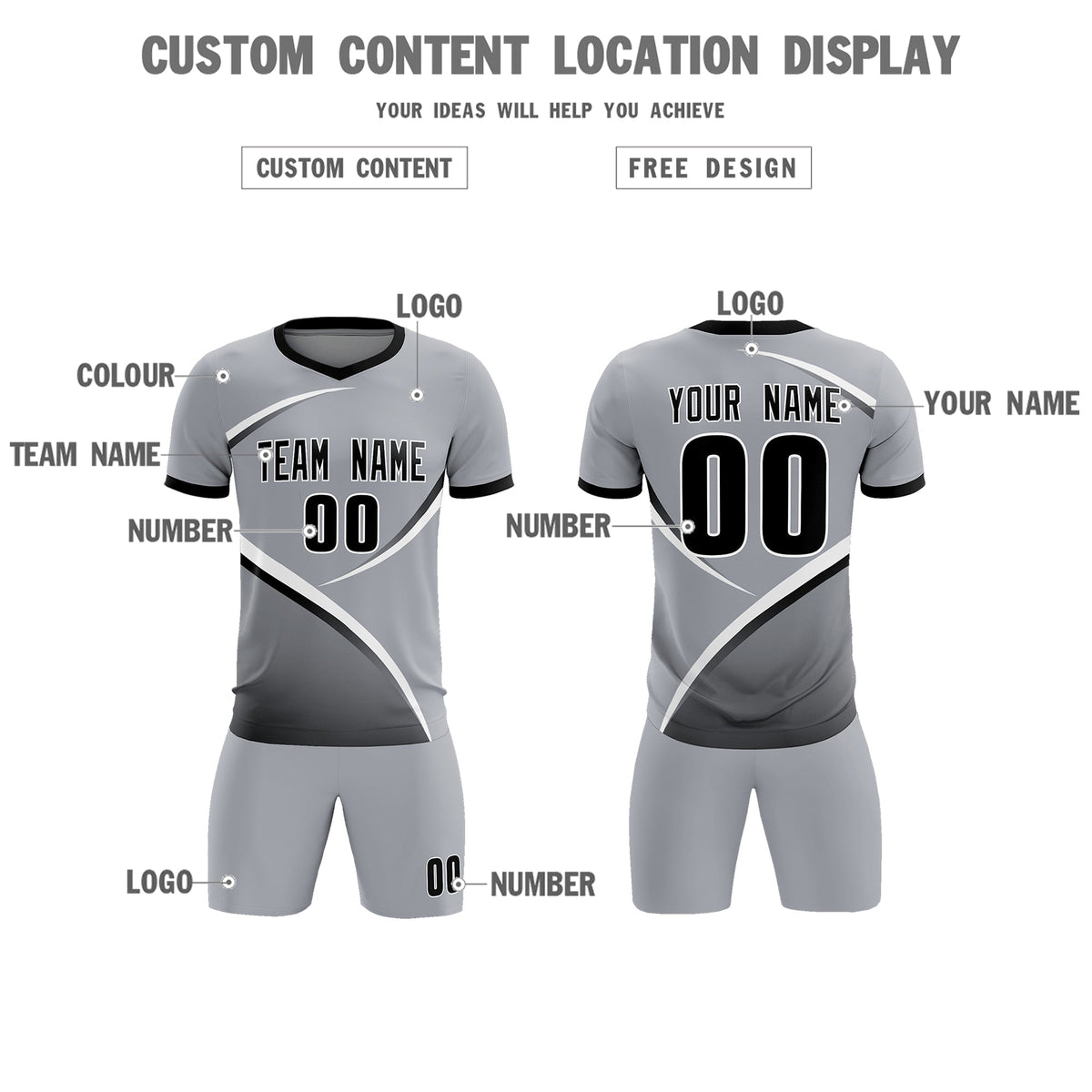 Custom Gray Black Color Block Training Uniform For Men Soccer Sets Jersey