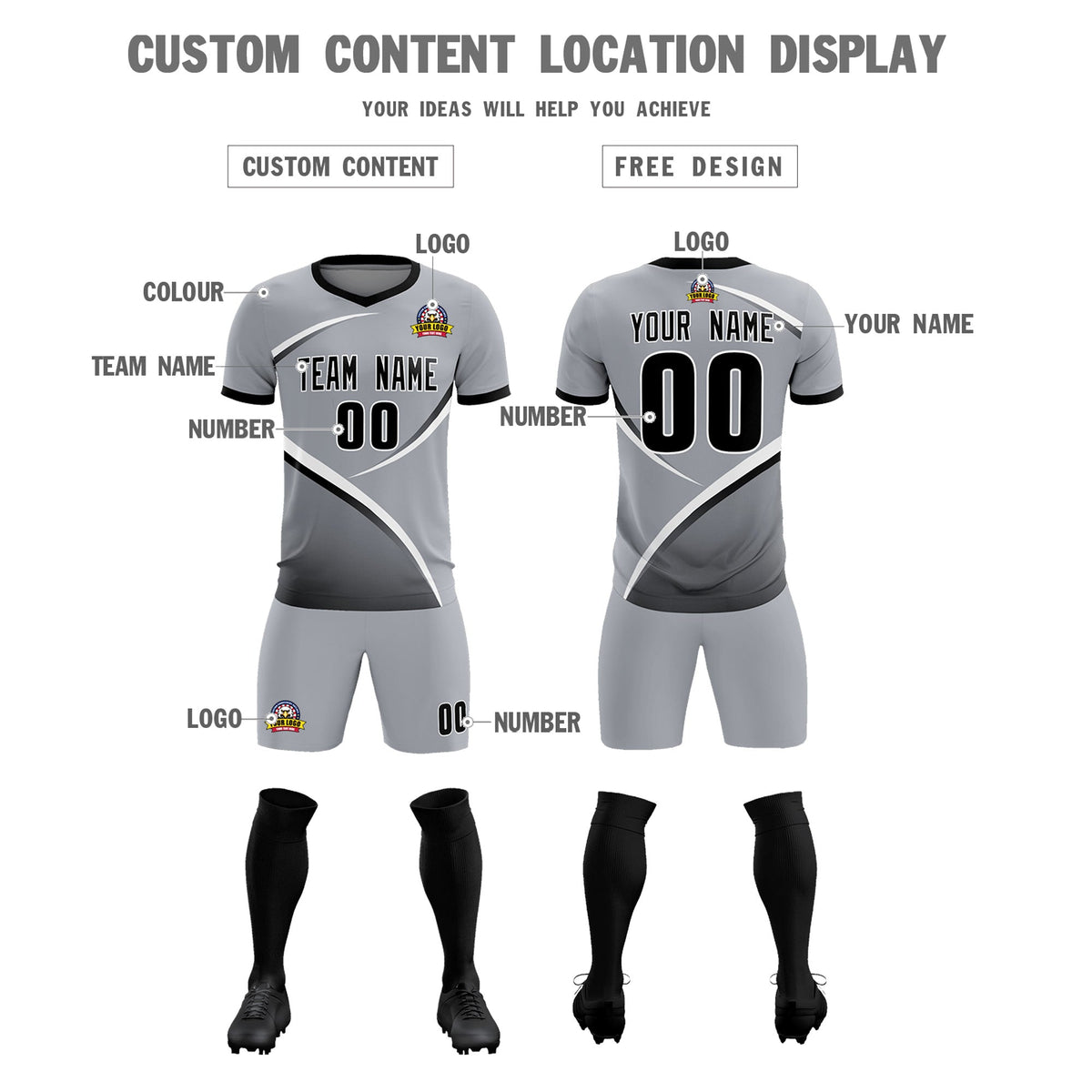 Custom Gray Black Color Block Training Uniform For Men Soccer Sets Jersey
